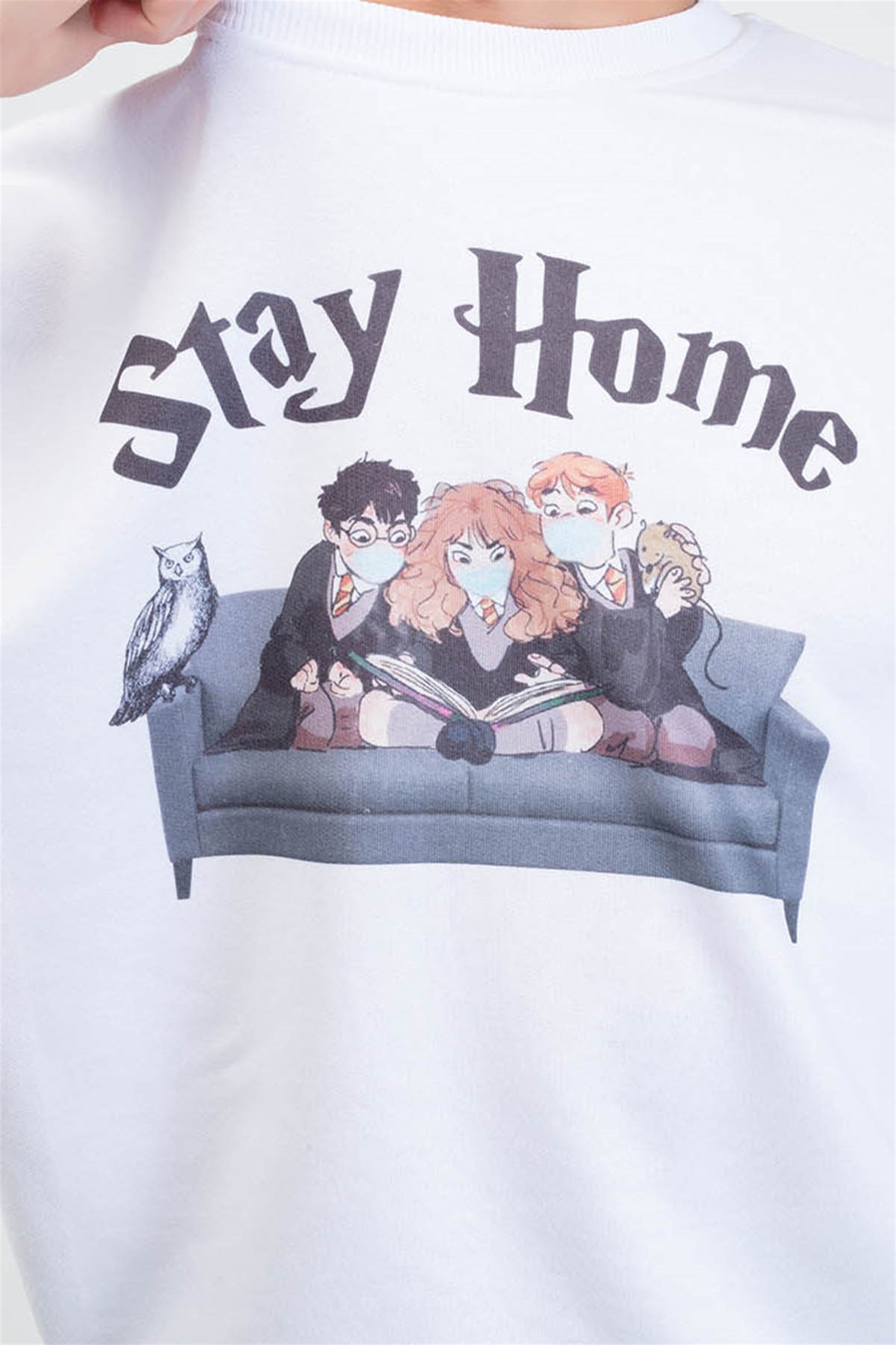 Trendiz Stay Home Yuvarlak Yaka Sweatshirt Beyaz 111127