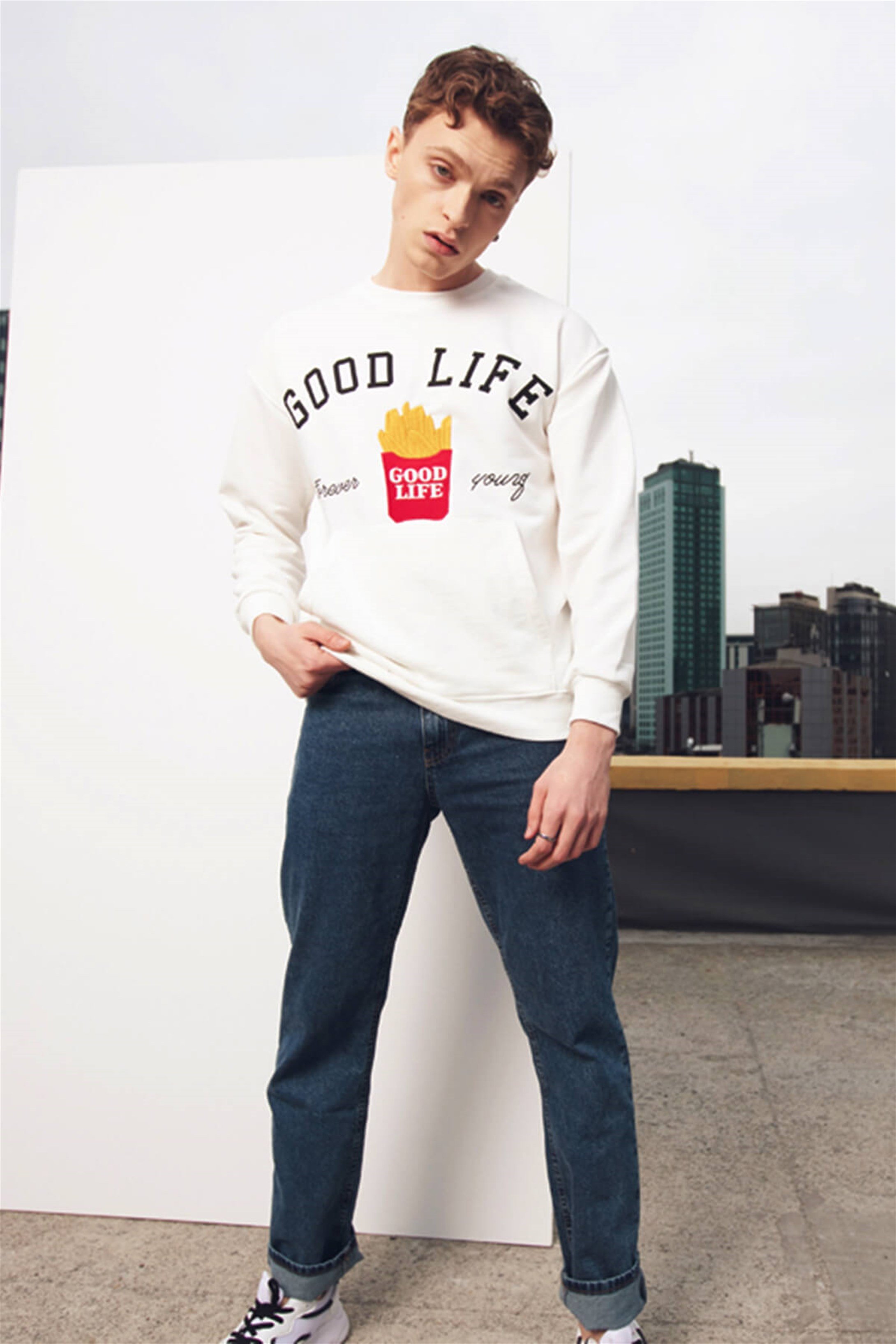Trendiz Unisex Ekru BTS Good Life Sweatshirt