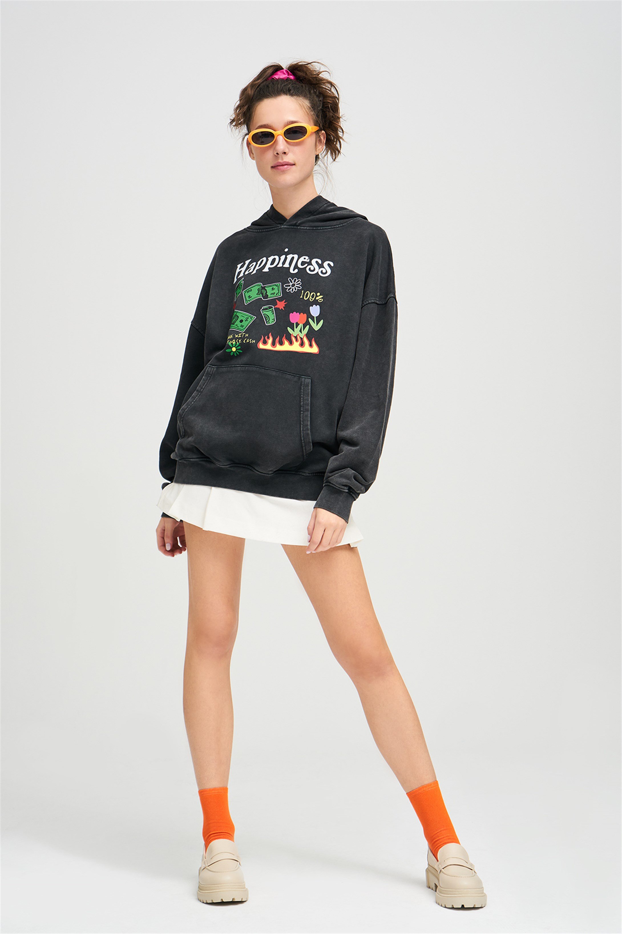 Trendiz Unisex Exclusive Happiness Yıkamalı Sweatshirt Antrasit