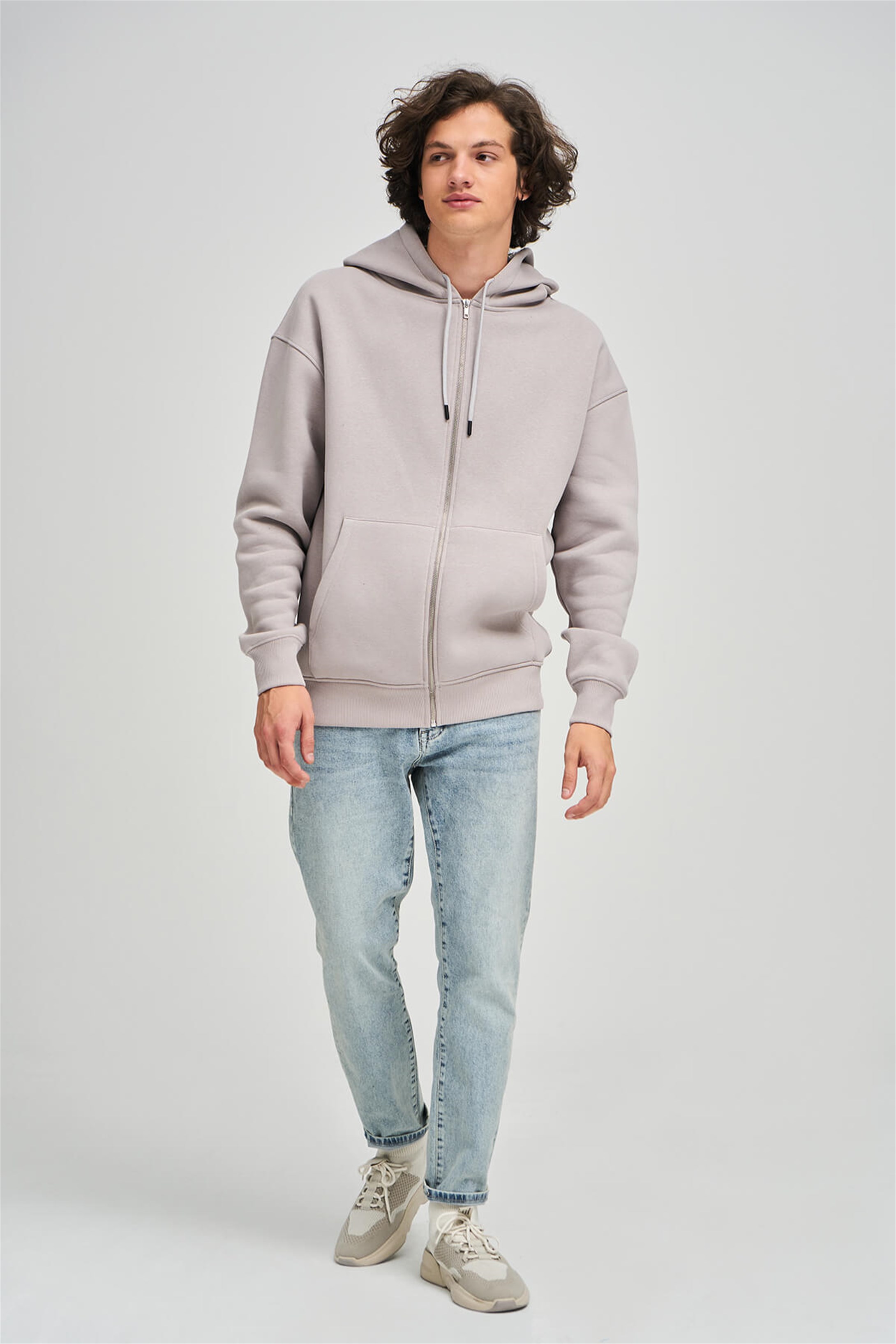 Trendiz Unisex Fermuarlı AçıkGri Oversize Sweatshirt