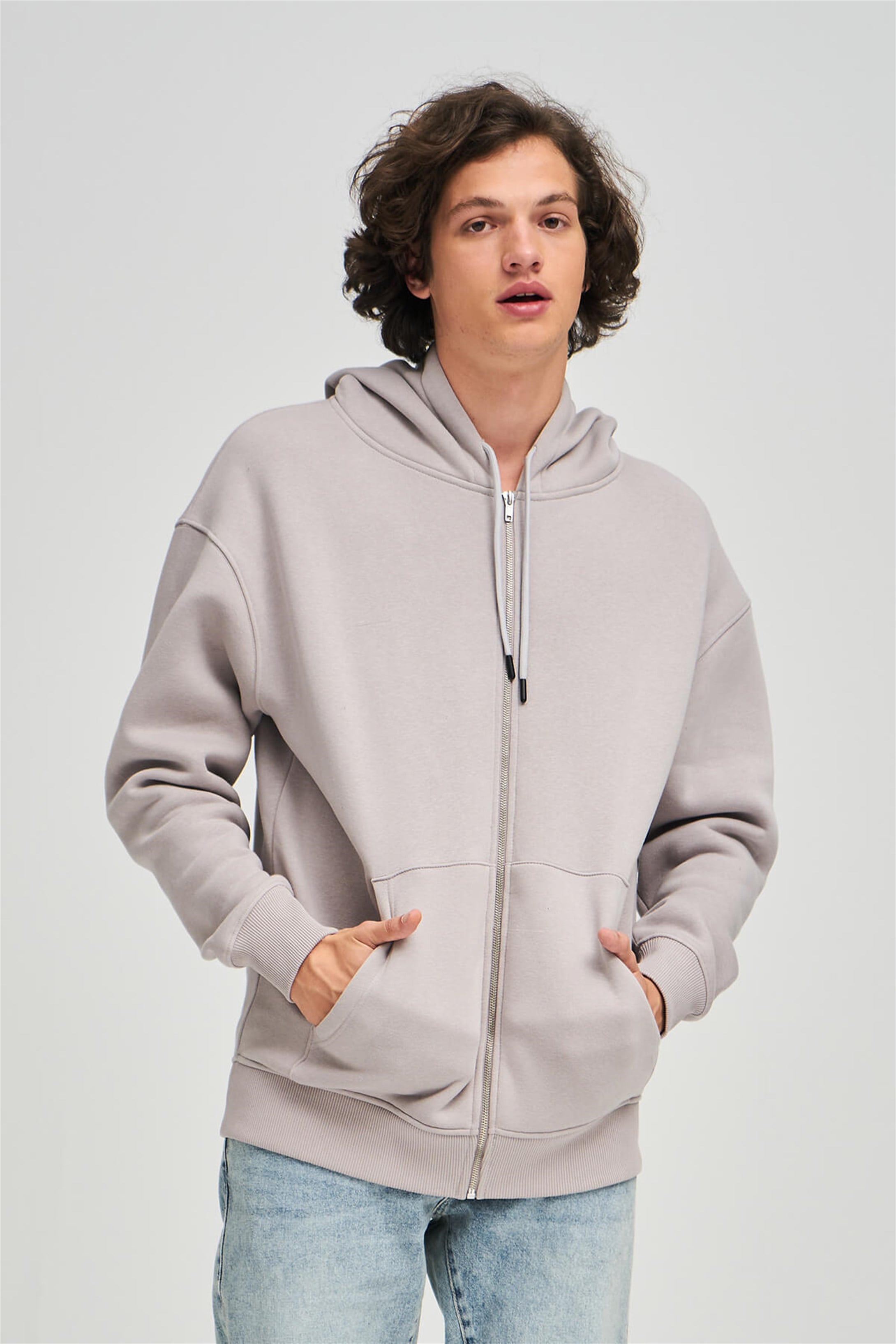 Trendiz Unisex Fermuarlı AçıkGri Oversize Sweatshirt