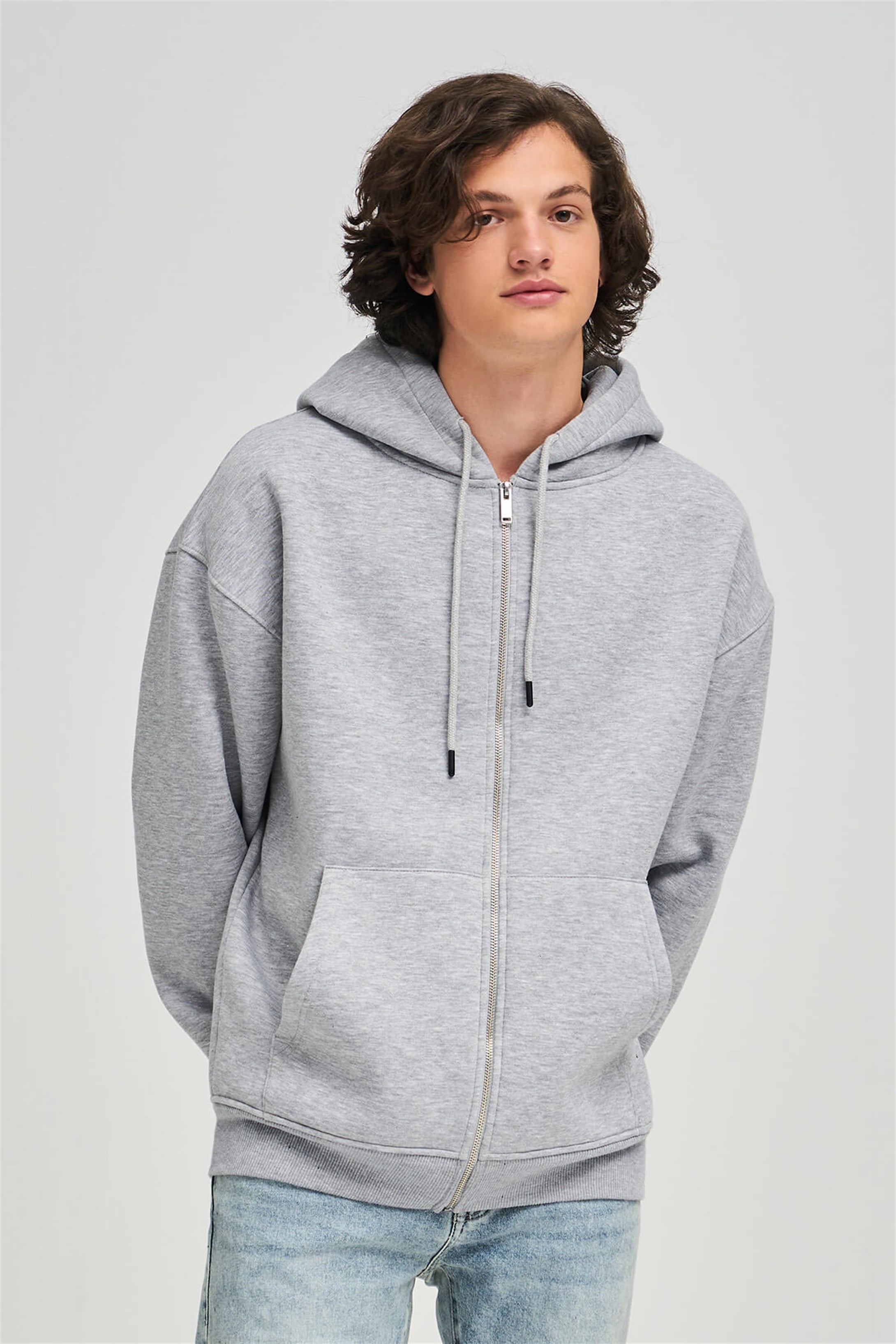 Trendiz Unisex Fermuarlı Gri Oversize Sweatshirt