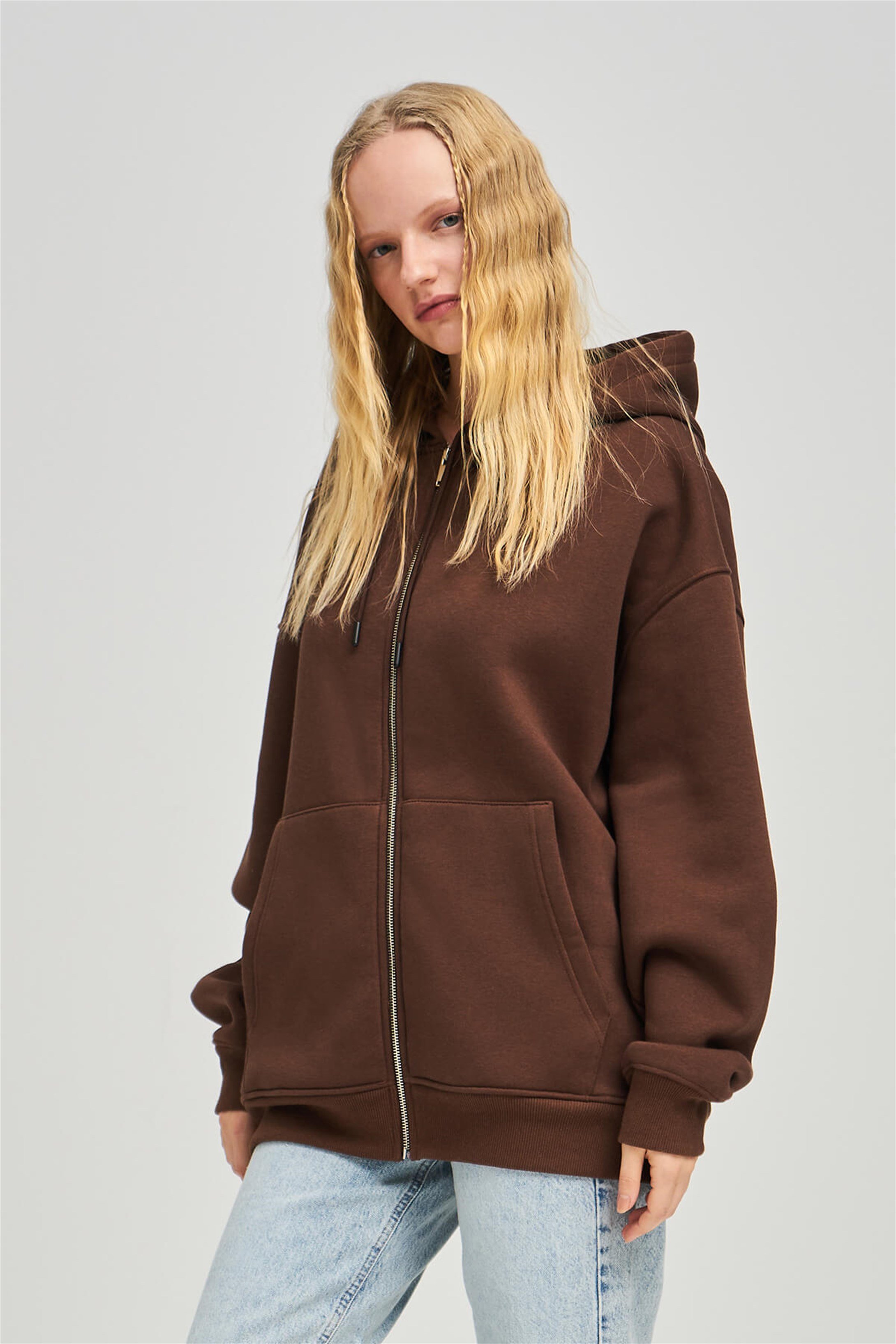 Trendiz Unisex Fermuarlı Kahverengi Oversize Sweatshirt