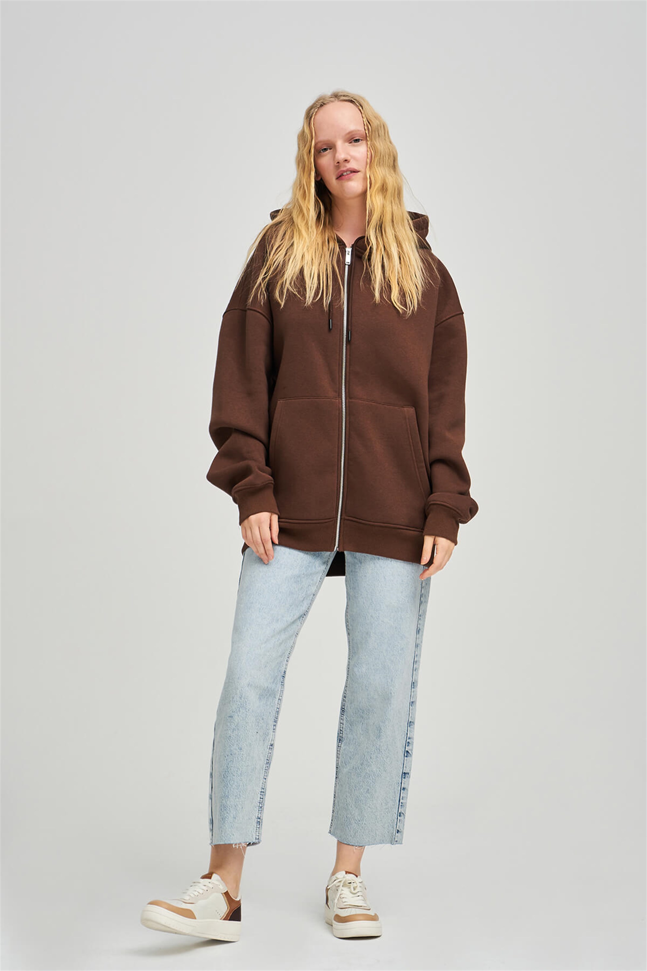 Trendiz Unisex Fermuarlı Kahverengi Oversize Sweatshirt