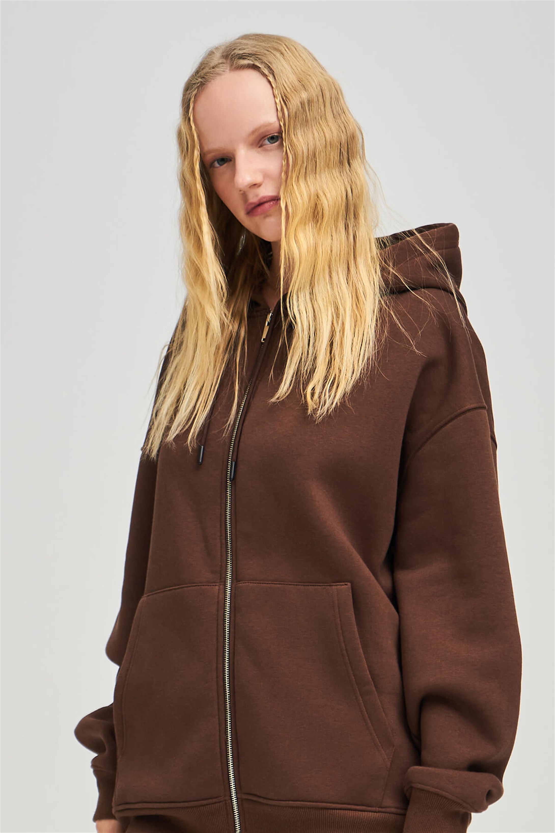 Trendiz Unisex Fermuarlı Kahverengi Oversize Sweatshirt