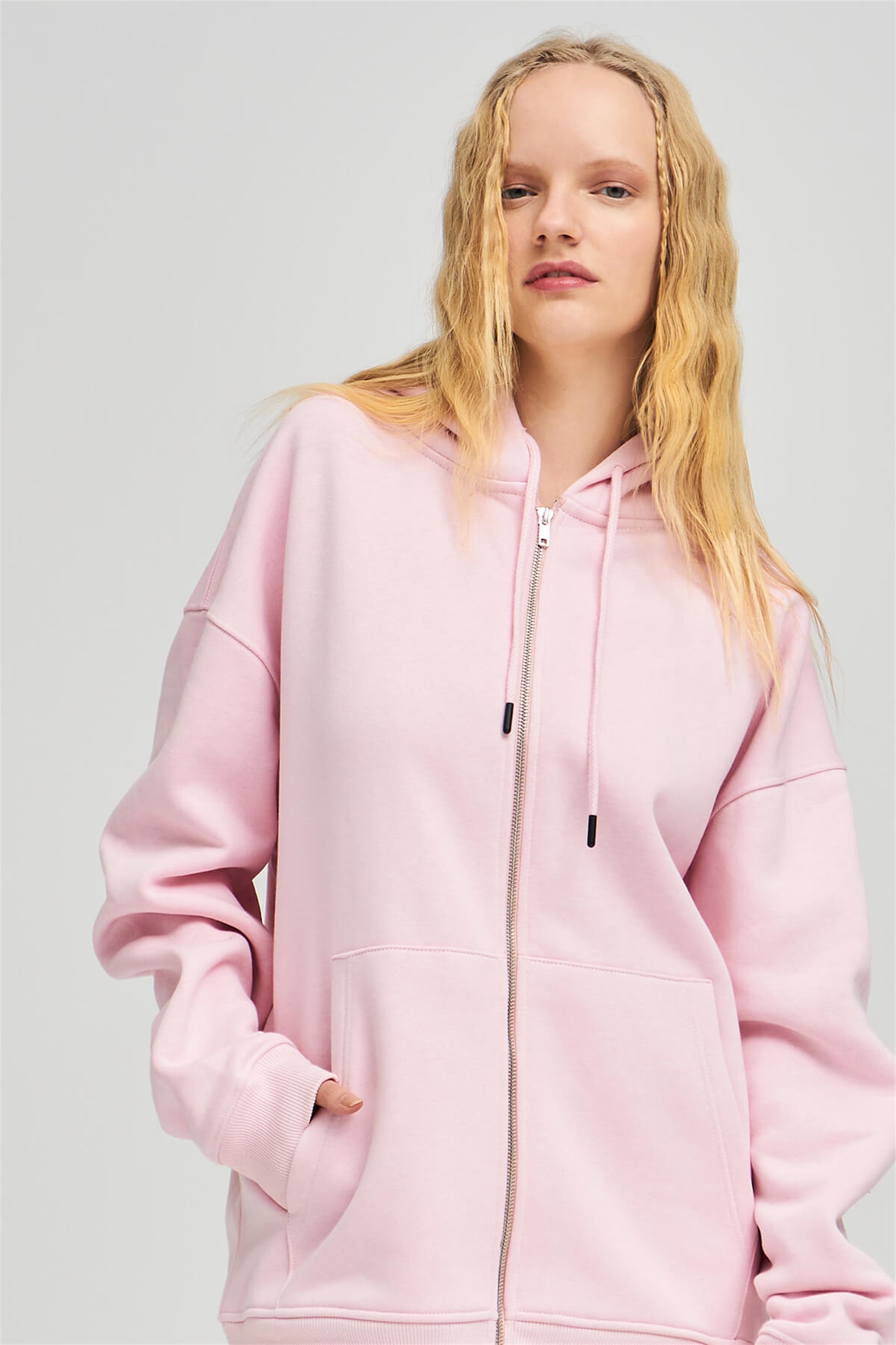 Trendiz Unisex Fermuarlı Pembe Oversize Sweatshirt