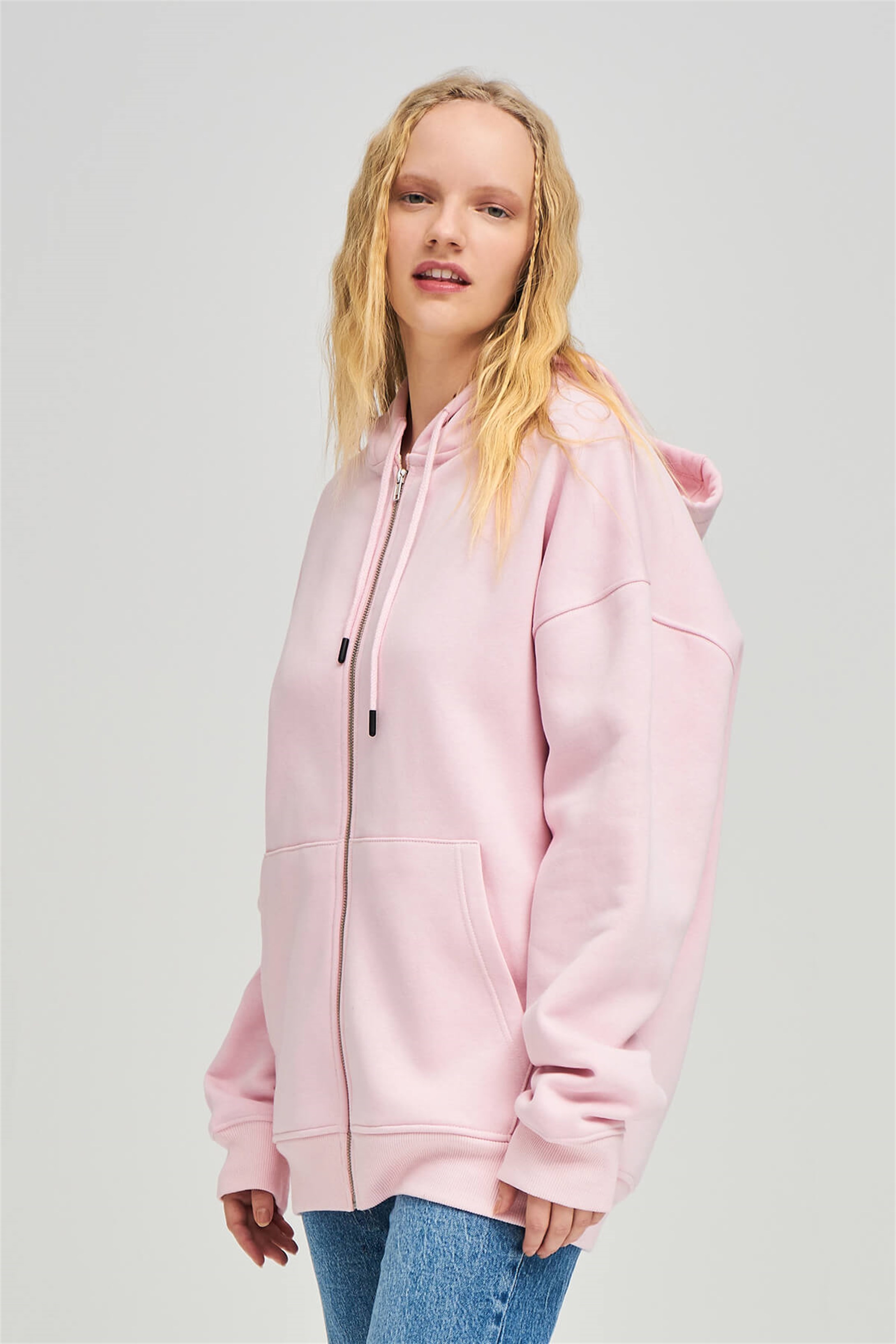 Trendiz Unisex Fermuarlı Pembe Oversize Sweatshirt