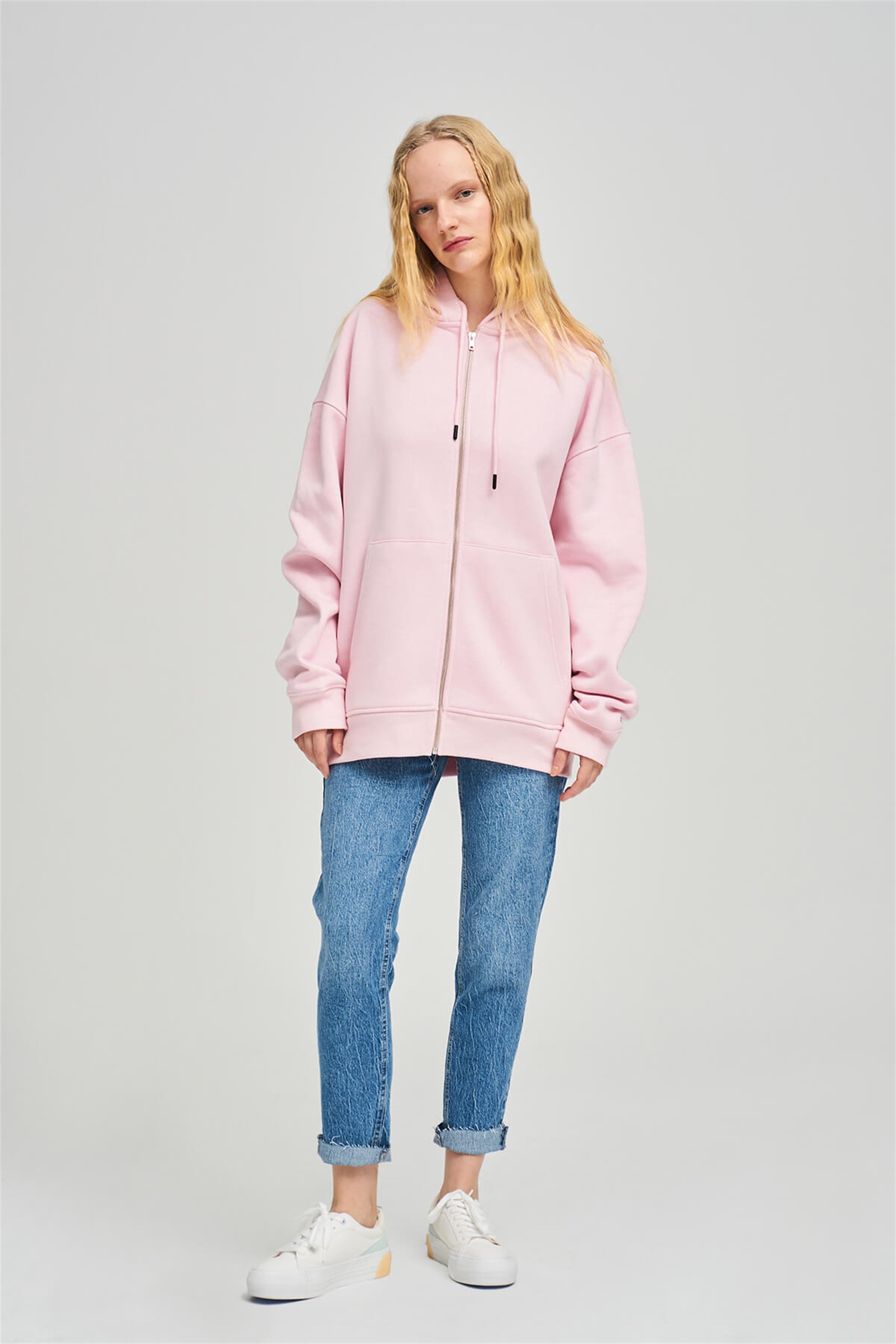 Trendiz Unisex Fermuarlı Pembe Oversize Sweatshirt