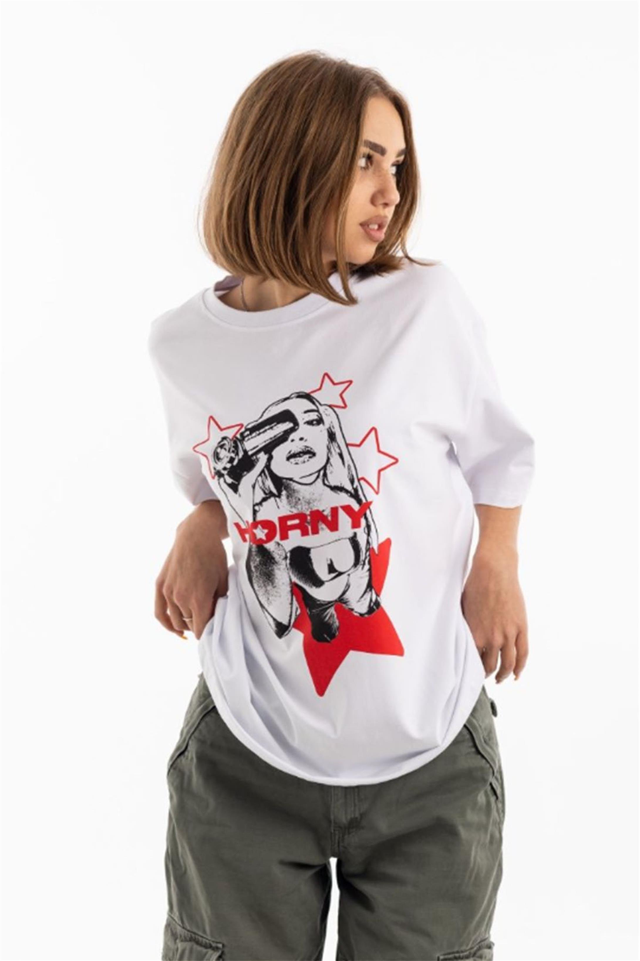 Trendiz Unisex Horny Star Tshirt Beyaz