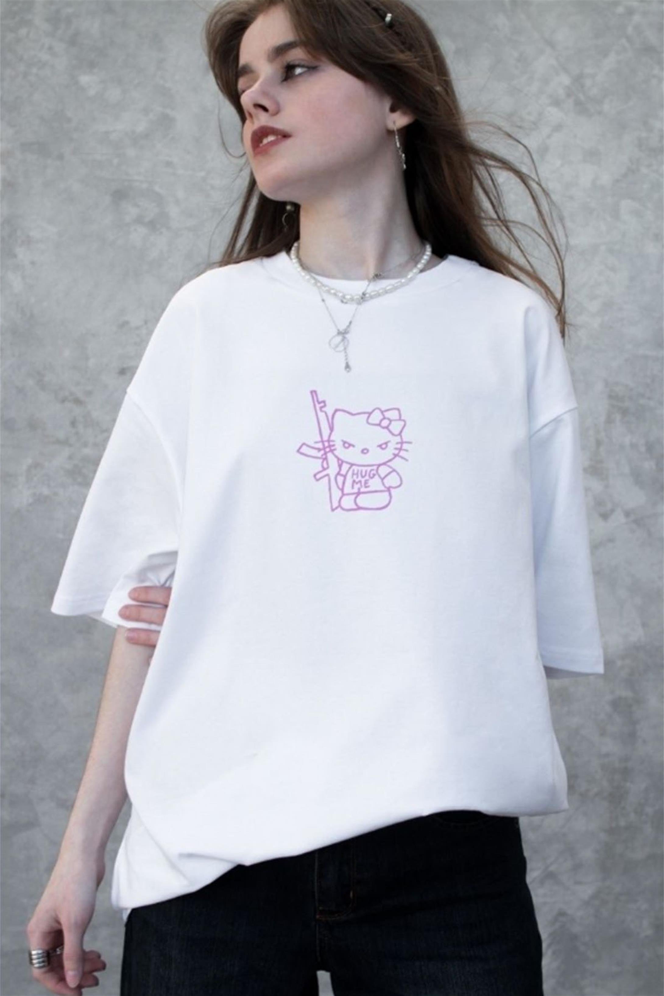 Trendiz Unisex Pembe Hug Me Hello Kitty Tshirt Beyaz