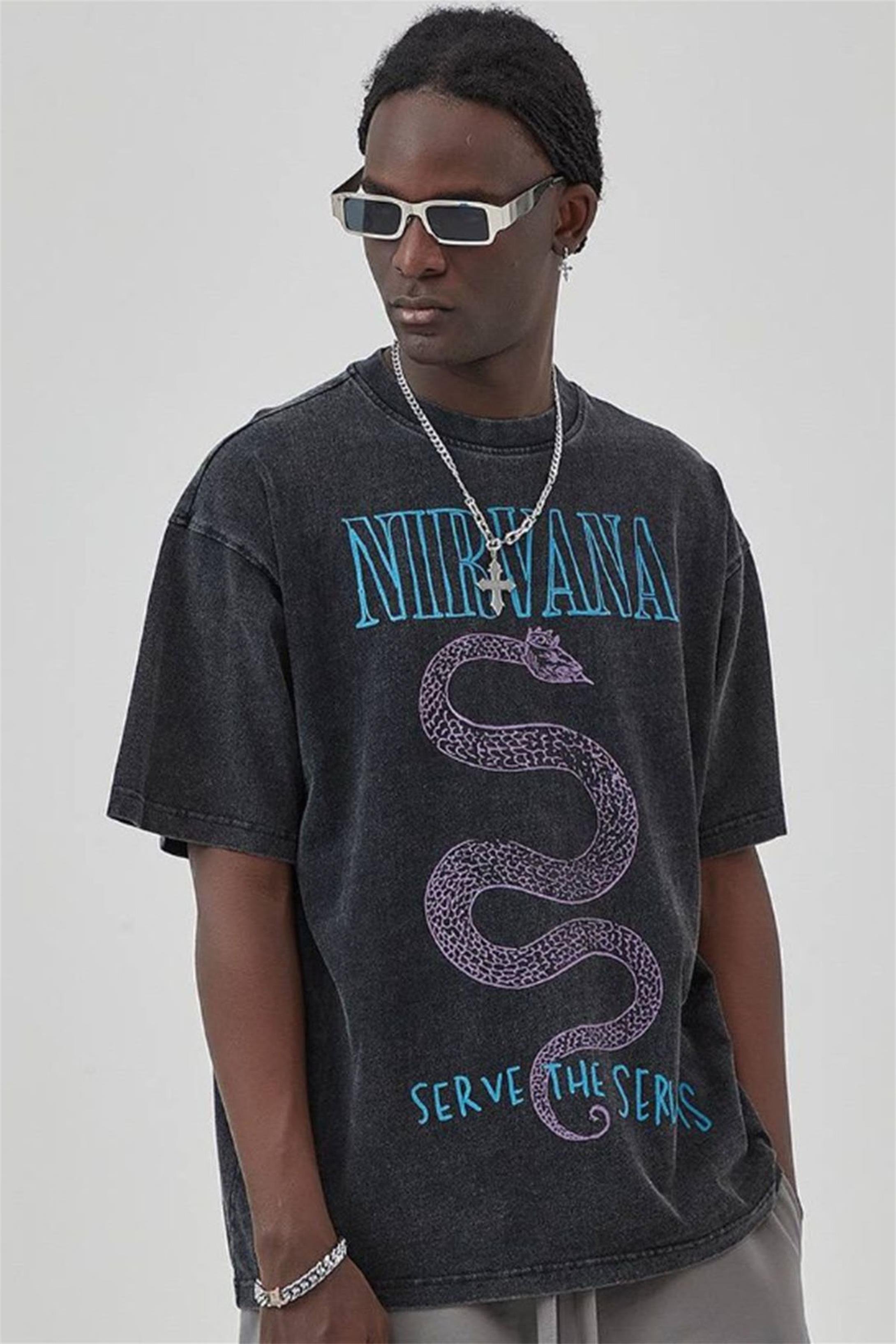 Trendiz Unisex Serve the Servants Nirvana Yıkamalı Tshirt Antrasit