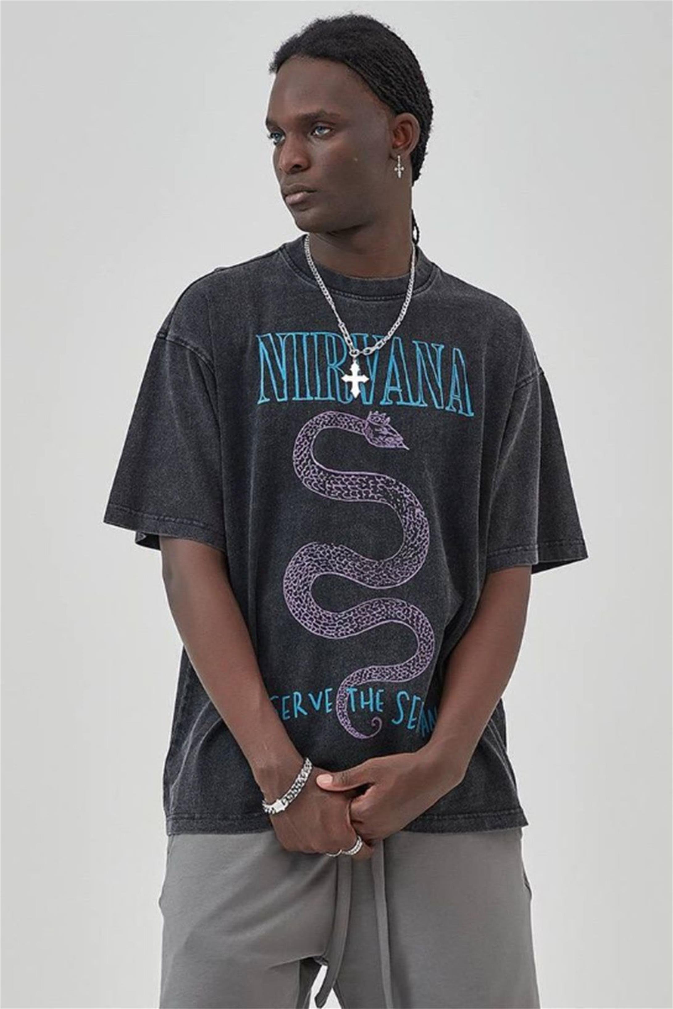 Trendiz Unisex Serve the Servants Nirvana Yıkamalı Tshirt Antrasit