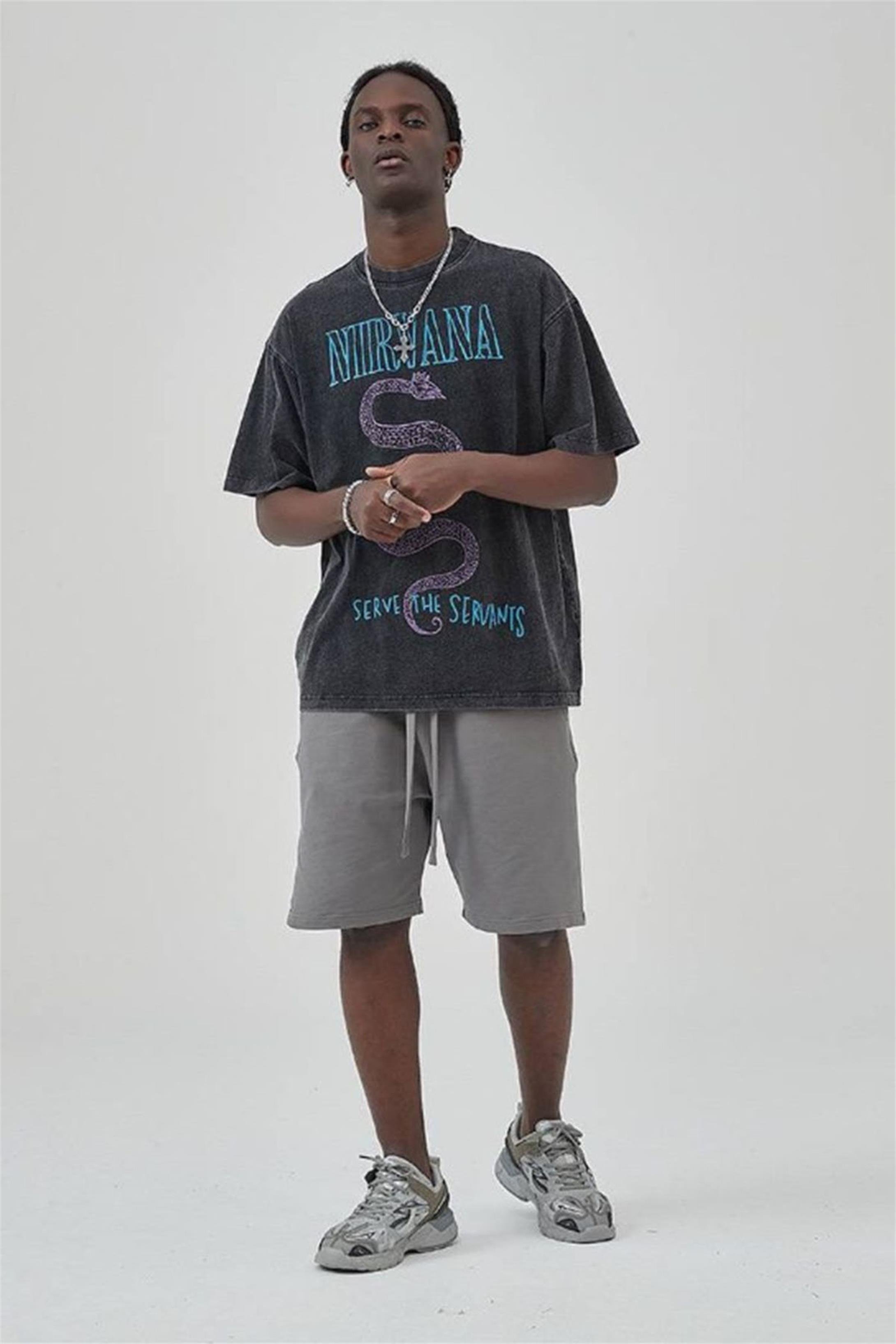Trendiz Unisex Serve the Servants Nirvana Yıkamalı Tshirt Antrasit