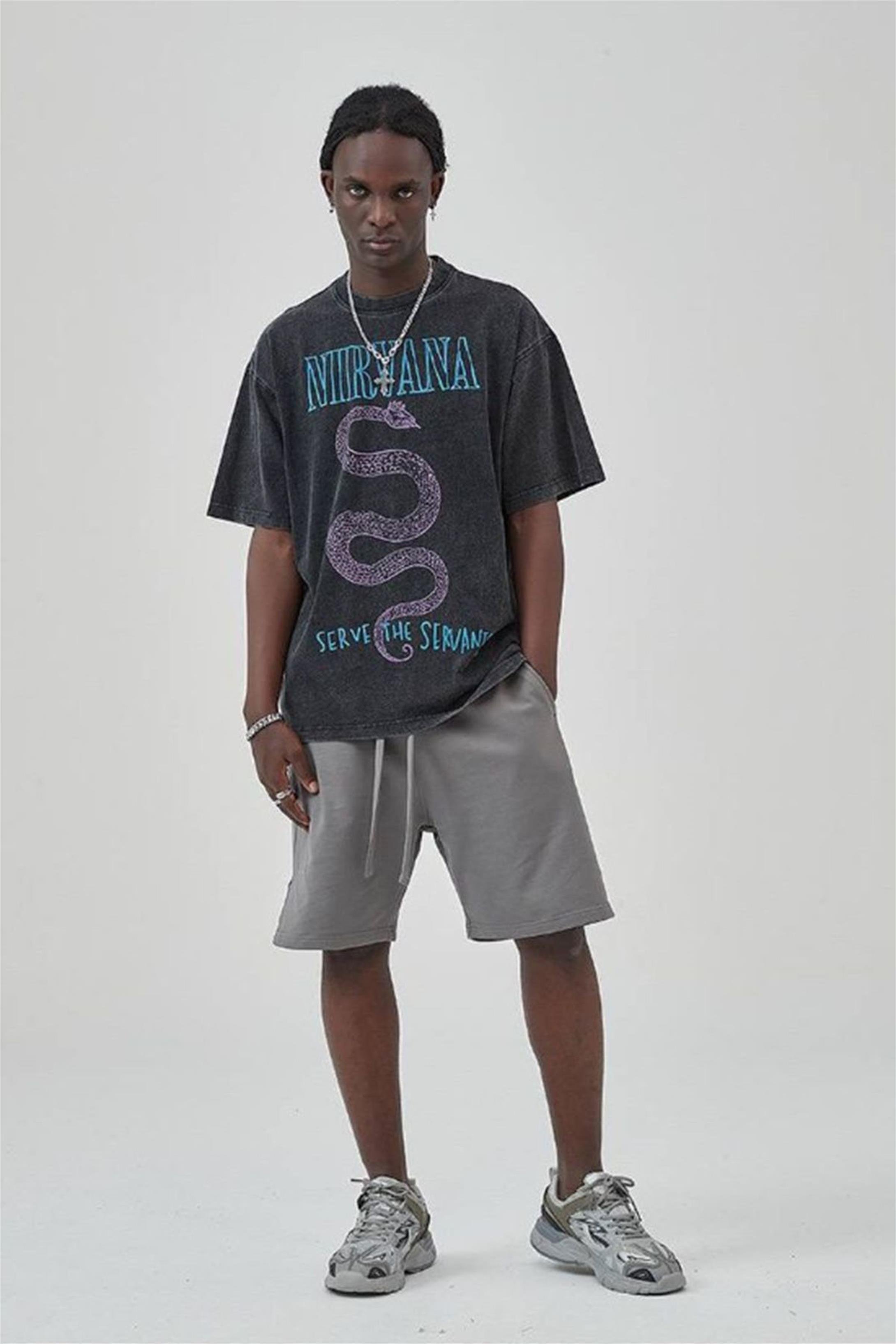 Trendiz Unisex Serve the Servants Nirvana Yıkamalı Tshirt Antrasit