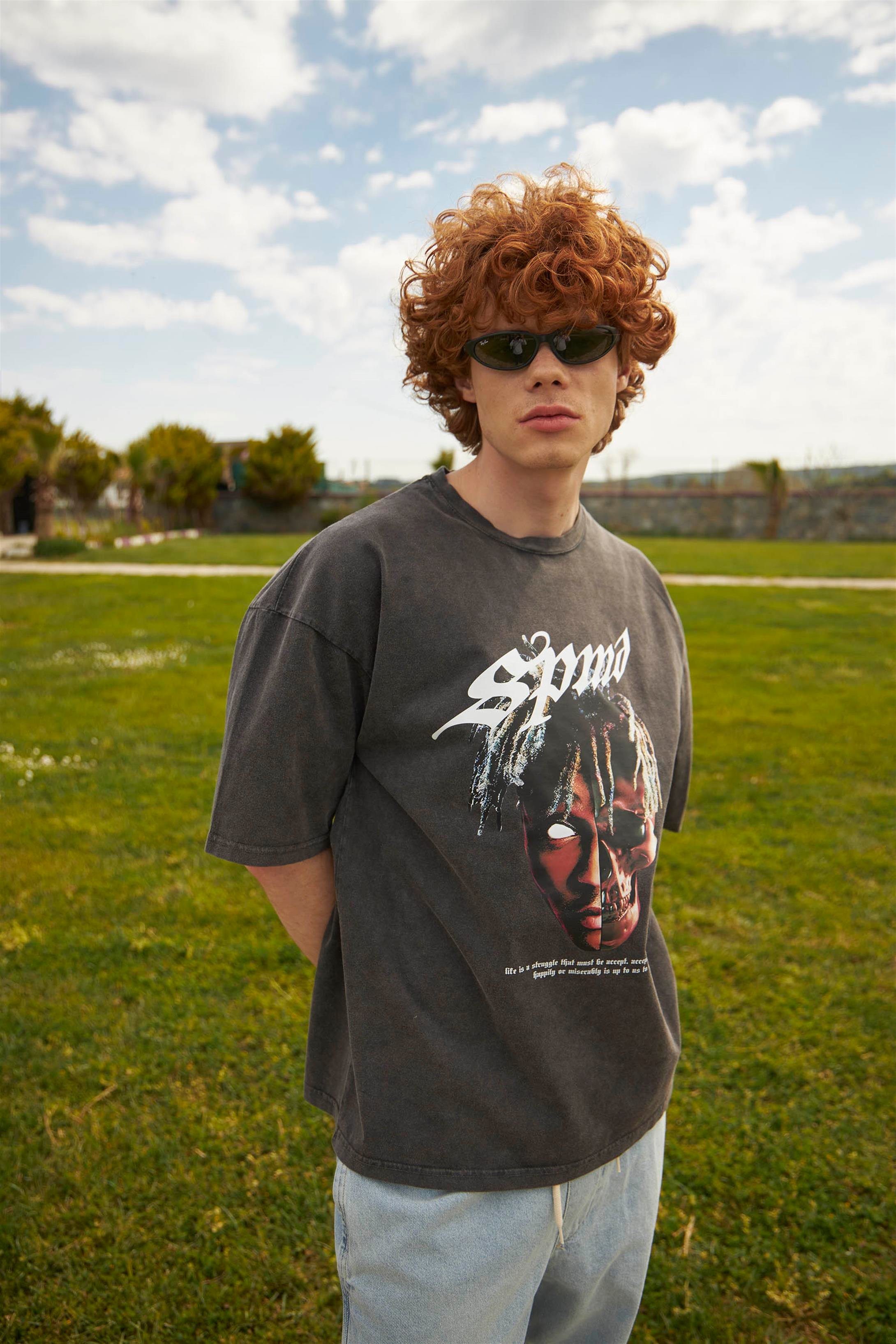 Trendiz Unisex Skull Rapper Yıkamalı Tshirt Antrasit