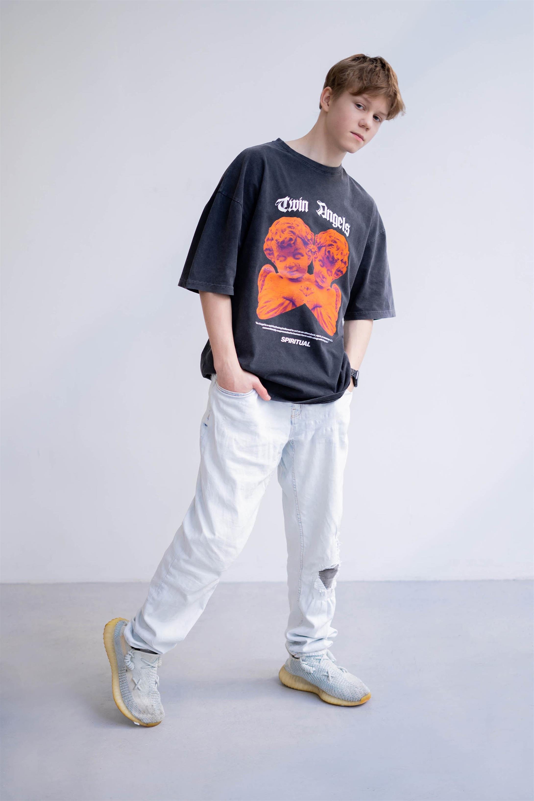 Trendiz Unisex Twin Angels Yıkamalı Antasit Tshirt
