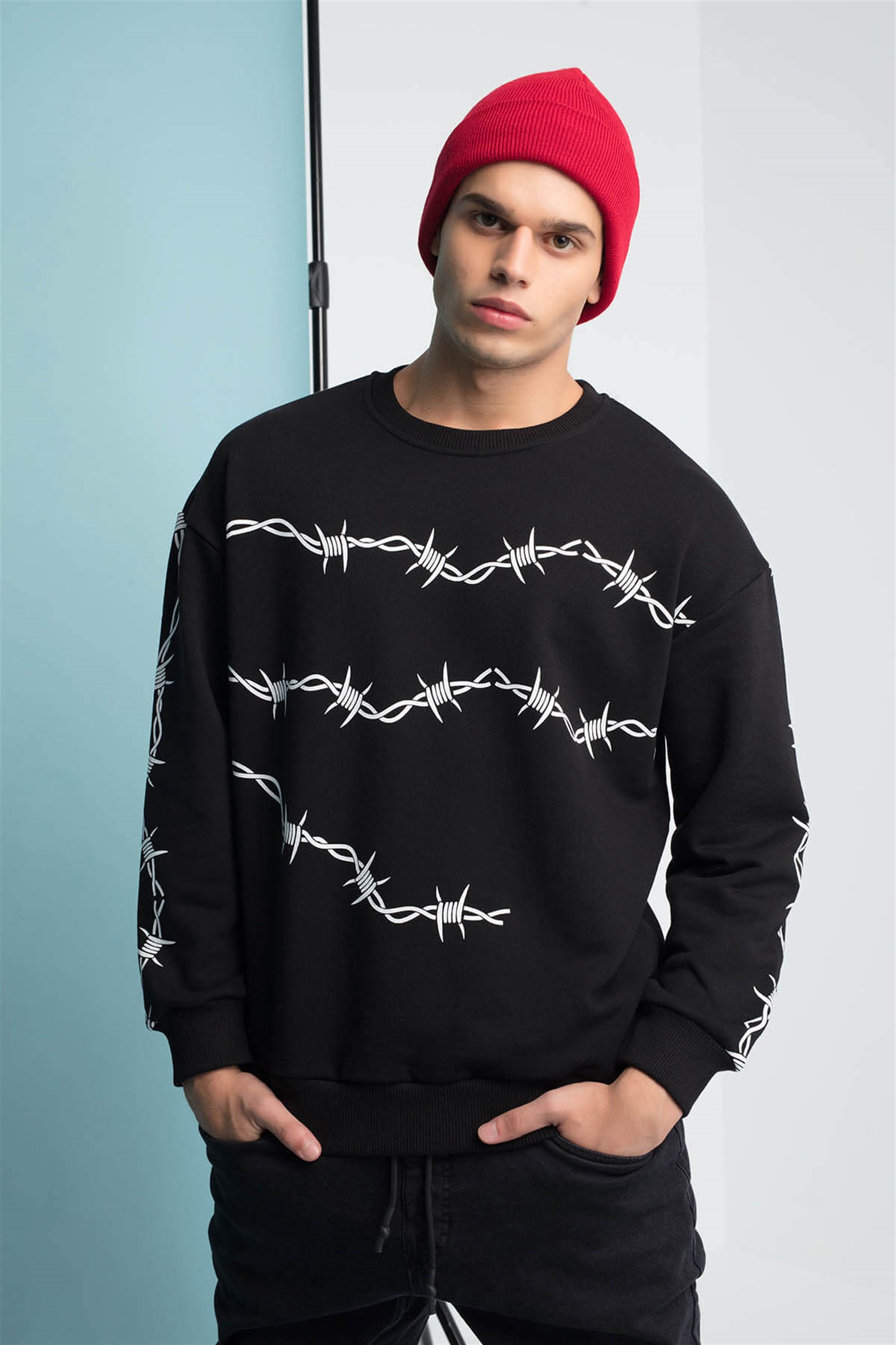 Trendiz Wire Baskılı Unisex Yuvarlak Yaka Sweatshirt Siyah 111165