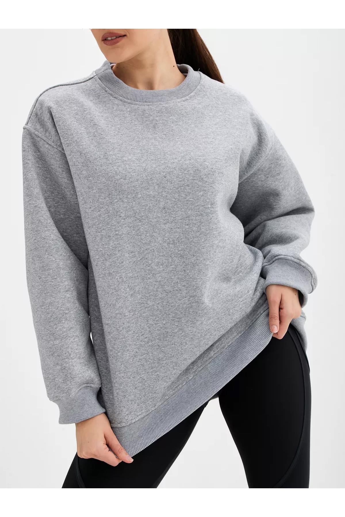 Unisex Basic Bisiklet Yaka Sweatshirt Gri