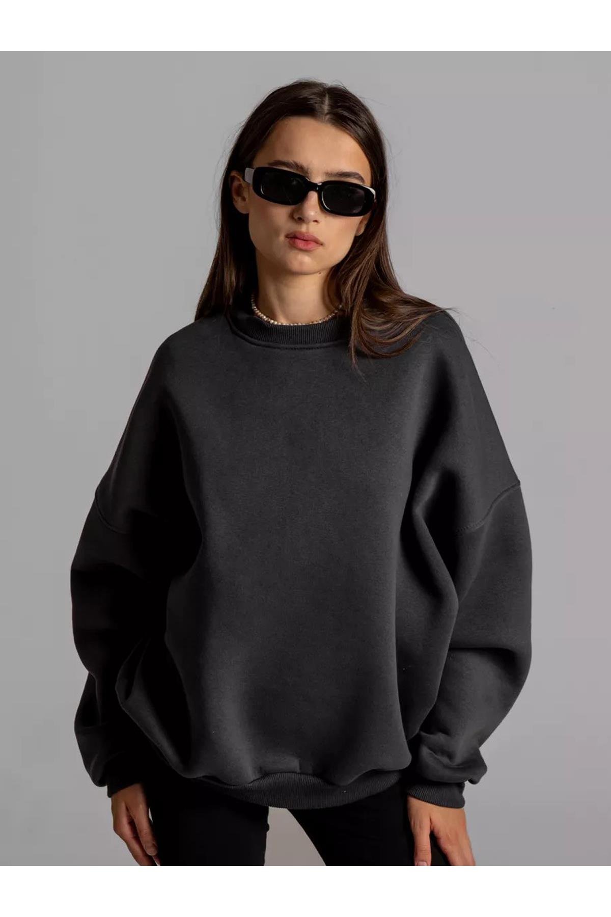 Unisex Basic Bisiklet Yaka Sweatshirt Antrasit