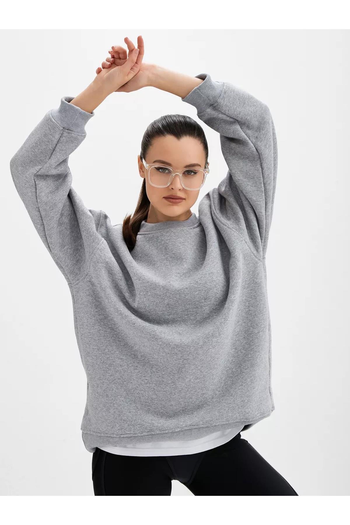 Unisex Basic Bisiklet Yaka Sweatshirt Gri