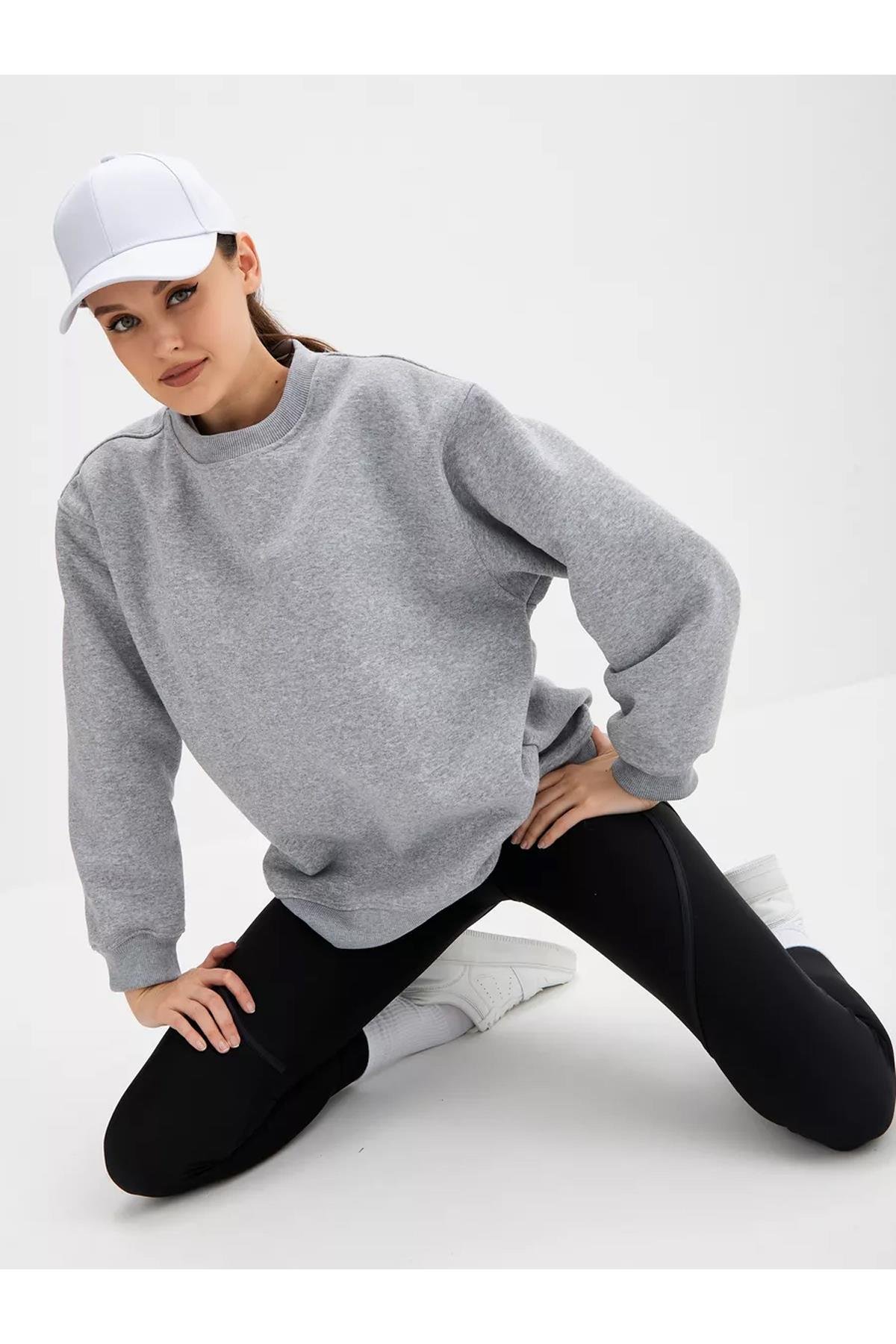 Unisex Basic Bisiklet Yaka Sweatshirt Gri