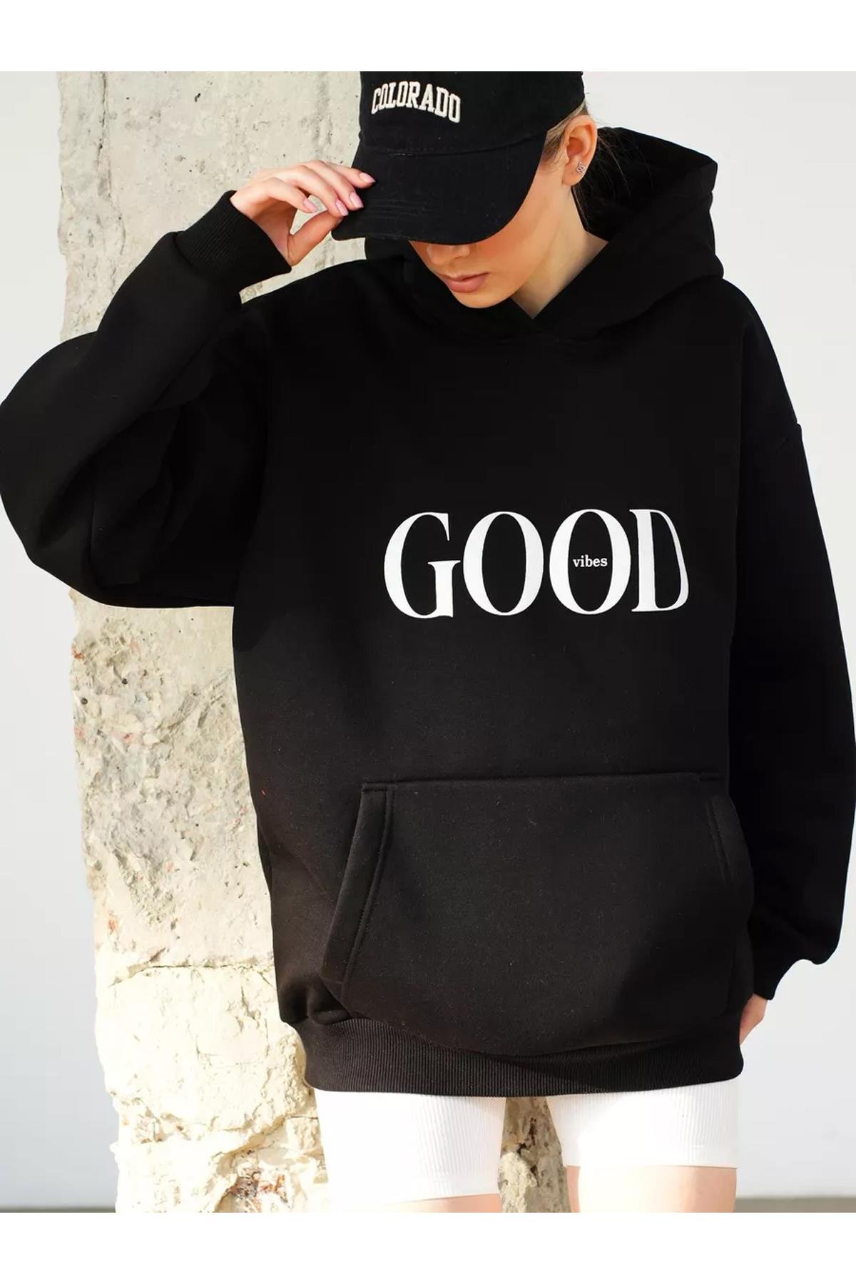Unisex Big Good Vibes Sweatshirt Siyah