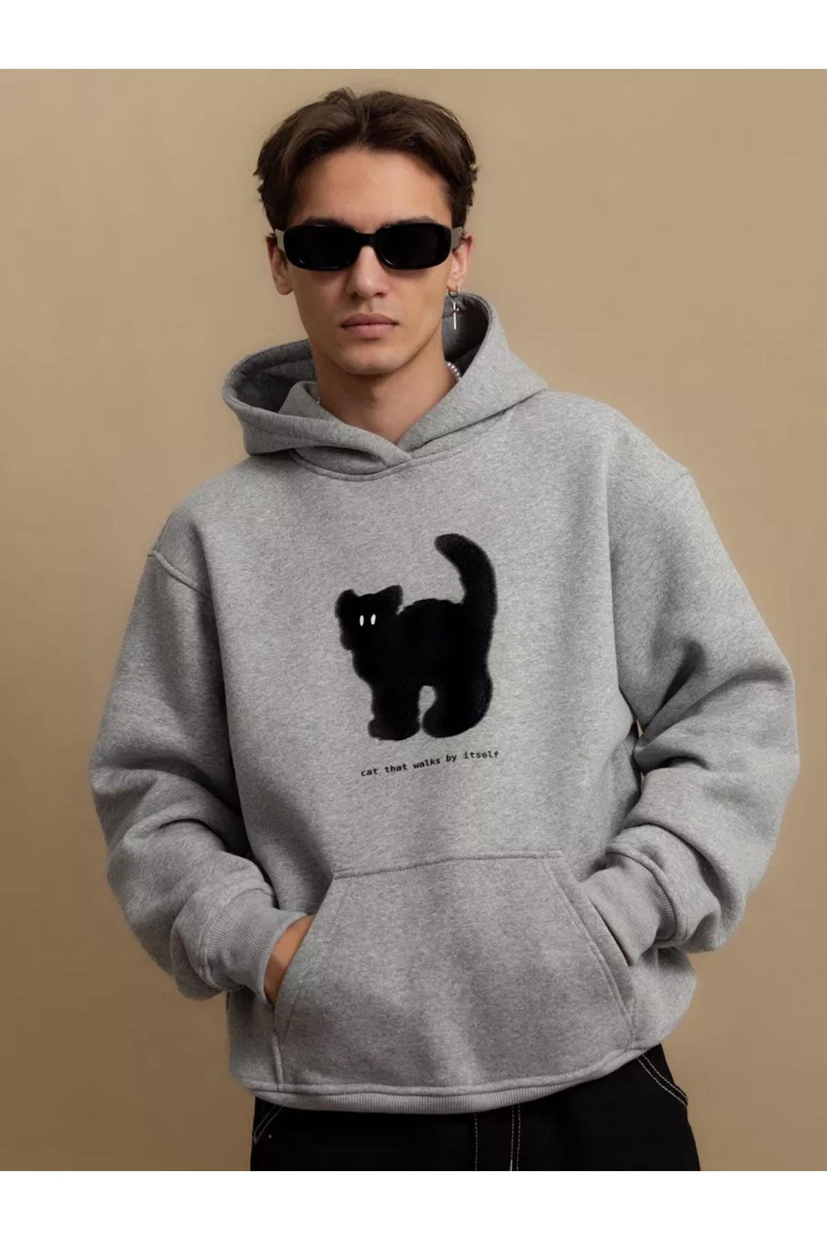 Unisex Cat That Walks By Itself Sweatshirt Gri
