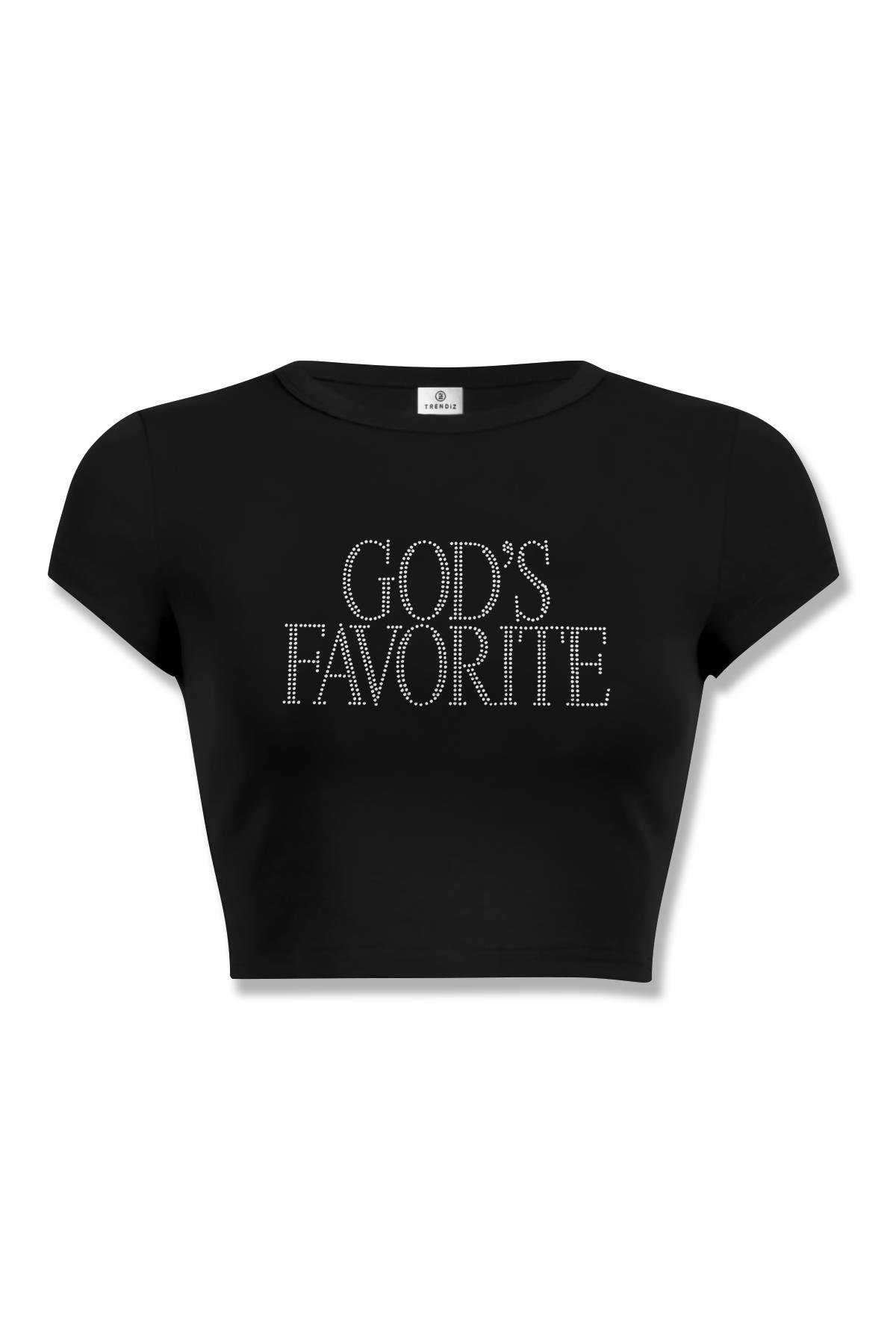 Unisex God's Favorite Taş Baskılı Crop Siyah