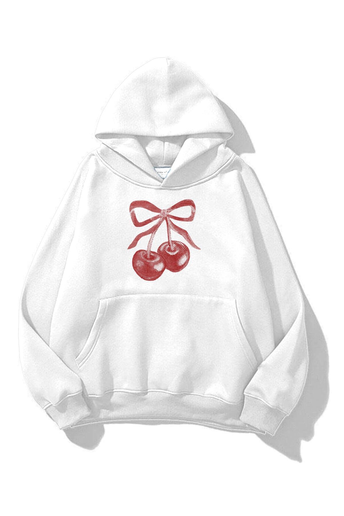 Unisex Kiraz Kurdele Tram Sweatshirt Beyaz