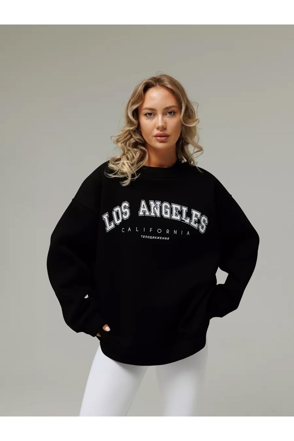 Unisex Los Angeles Bisiklet Yaka Sweatshirt Siyah