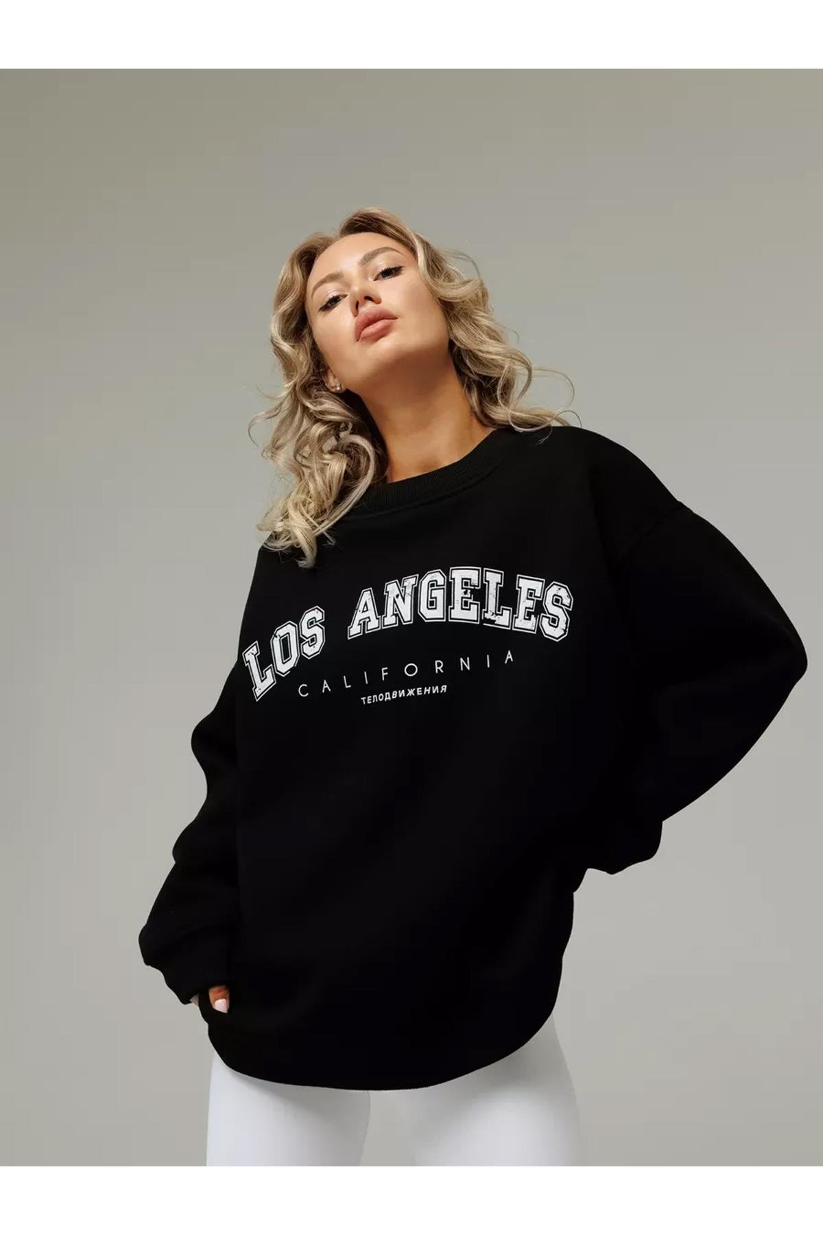 Unisex Los Angeles Bisiklet Yaka Sweatshirt Siyah
