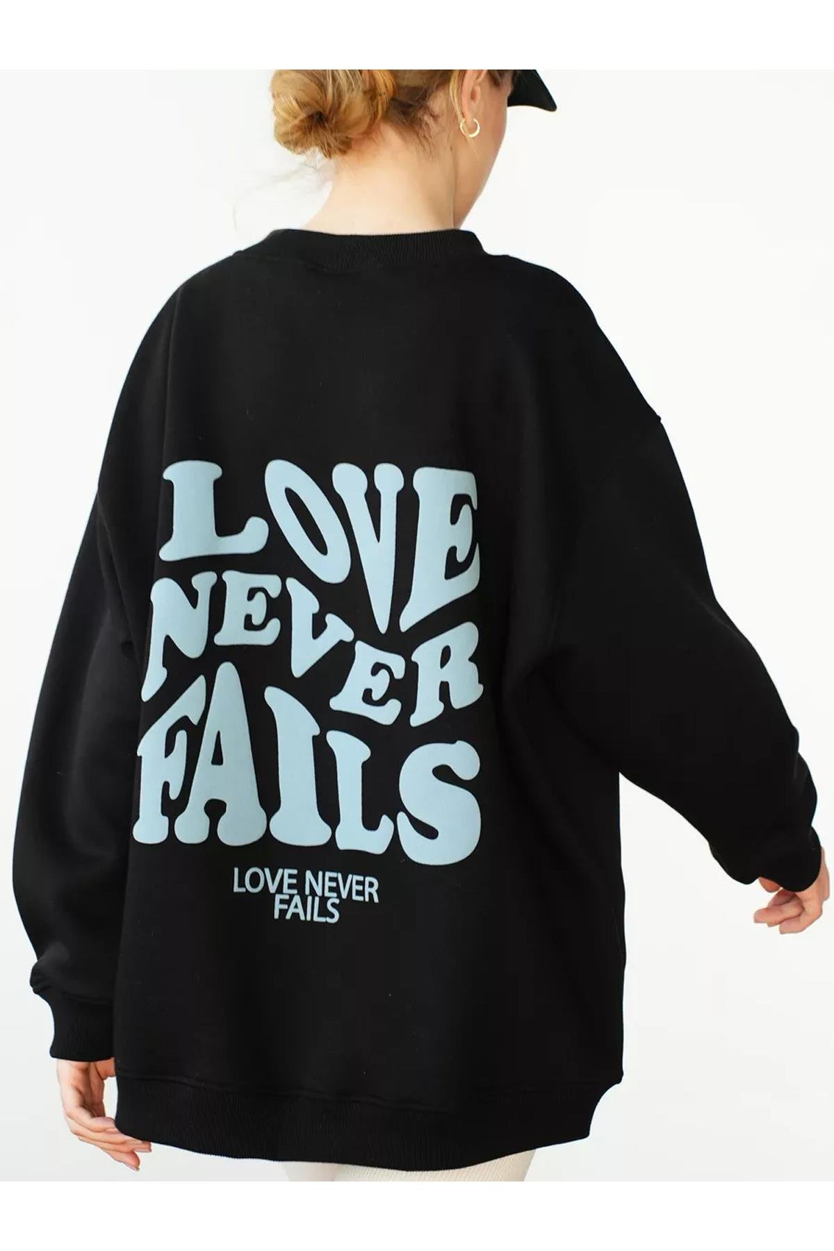 Unisex Love Never Fails Bisiklet Yaka Sweatshirt Siyah