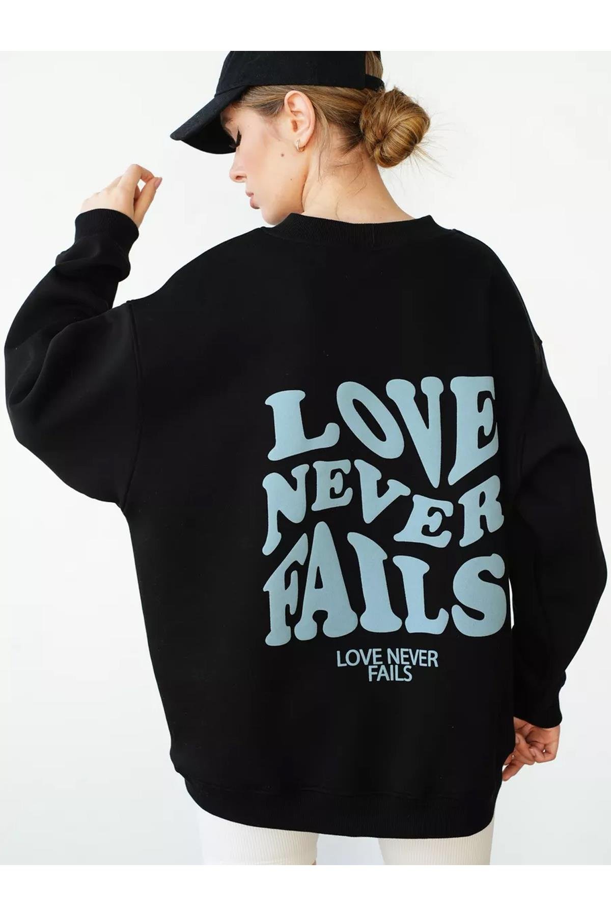 Unisex Love Never Fails Bisiklet Yaka Sweatshirt Siyah