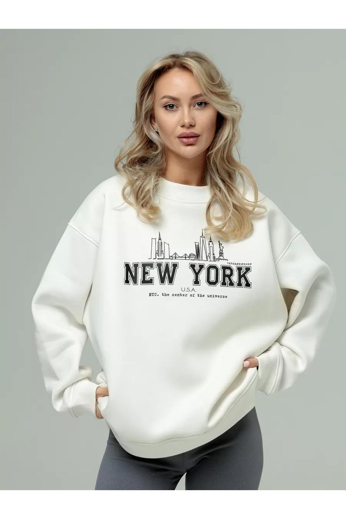Unisex New York Bisiklet Yaka Sweatshirt Beyaz