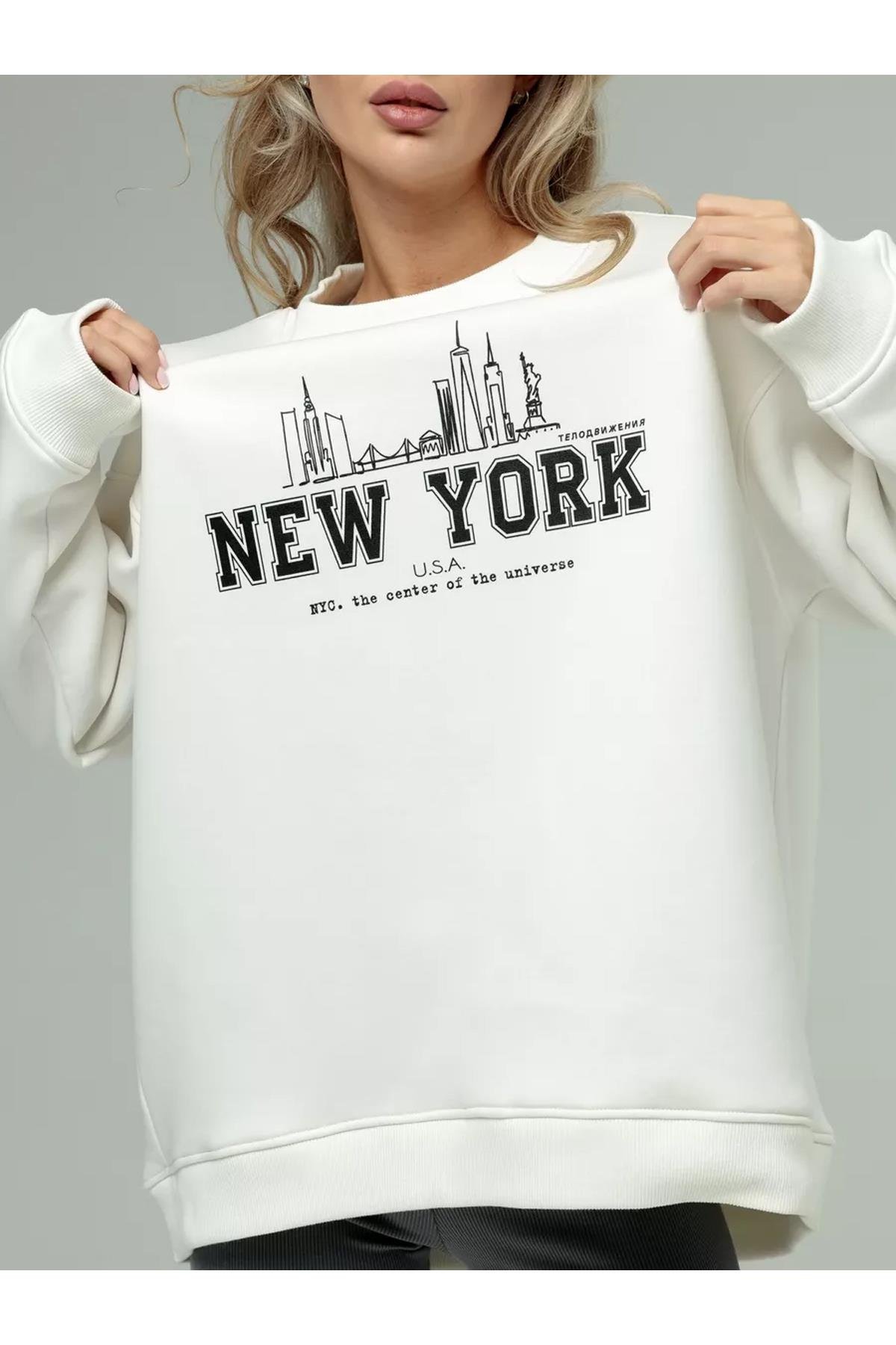 Unisex New York Bisiklet Yaka Sweatshirt Beyaz