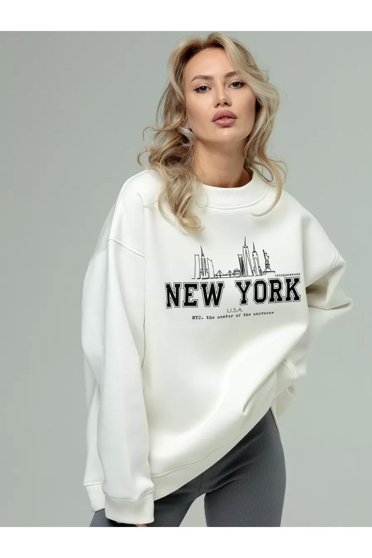 Unisex New York Bisiklet Yaka Sweatshirt Beyaz