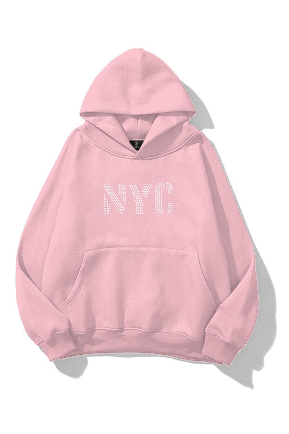 Unisex NYC Taş Baskılı Sweatshirt Pembe