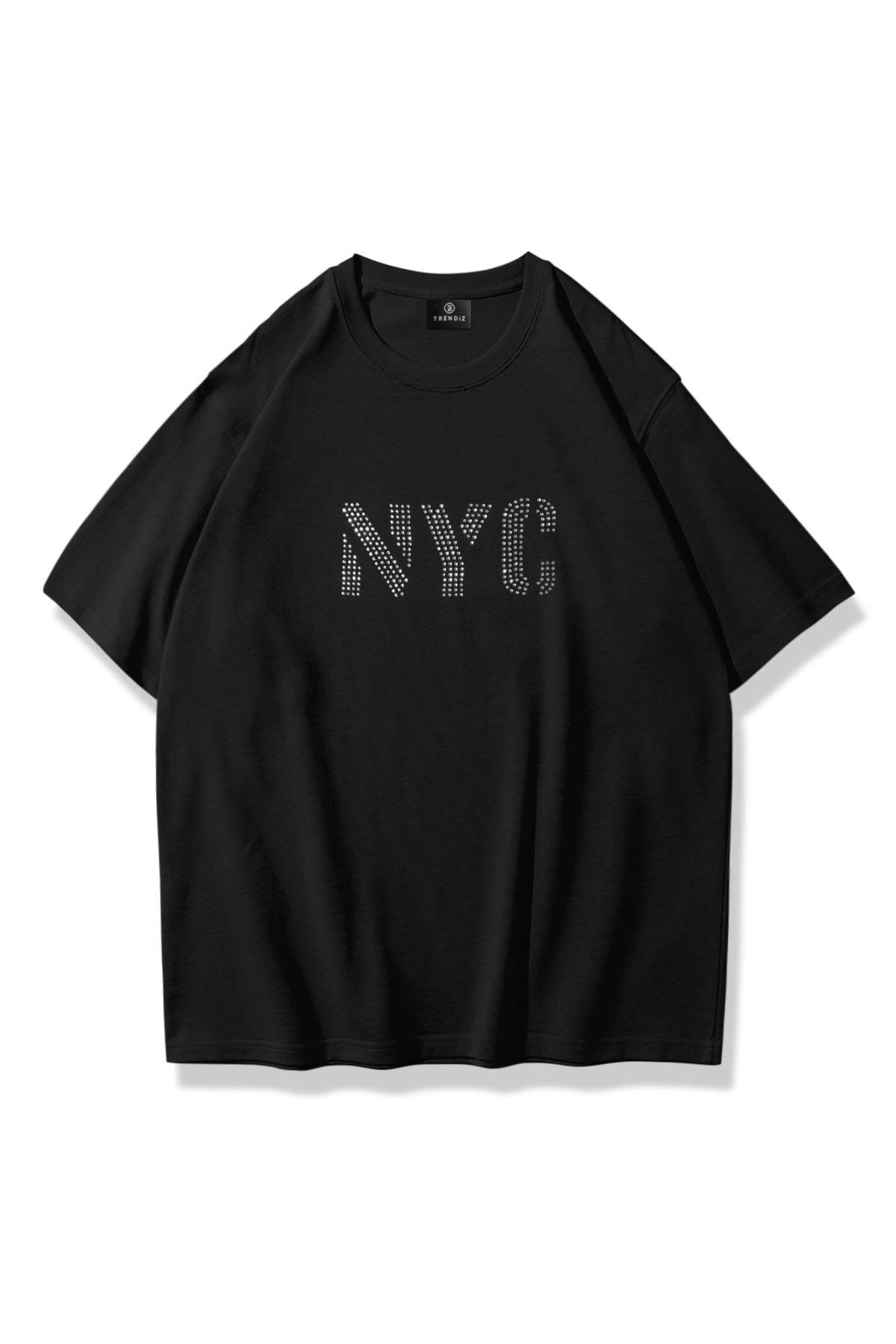 Unisex NYC Taş Baskılı Tshirt Siyah