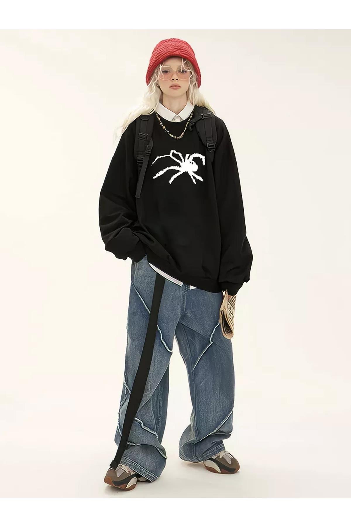 Unisex Spider Bisiklet Yaka Sweatshirt Siyah