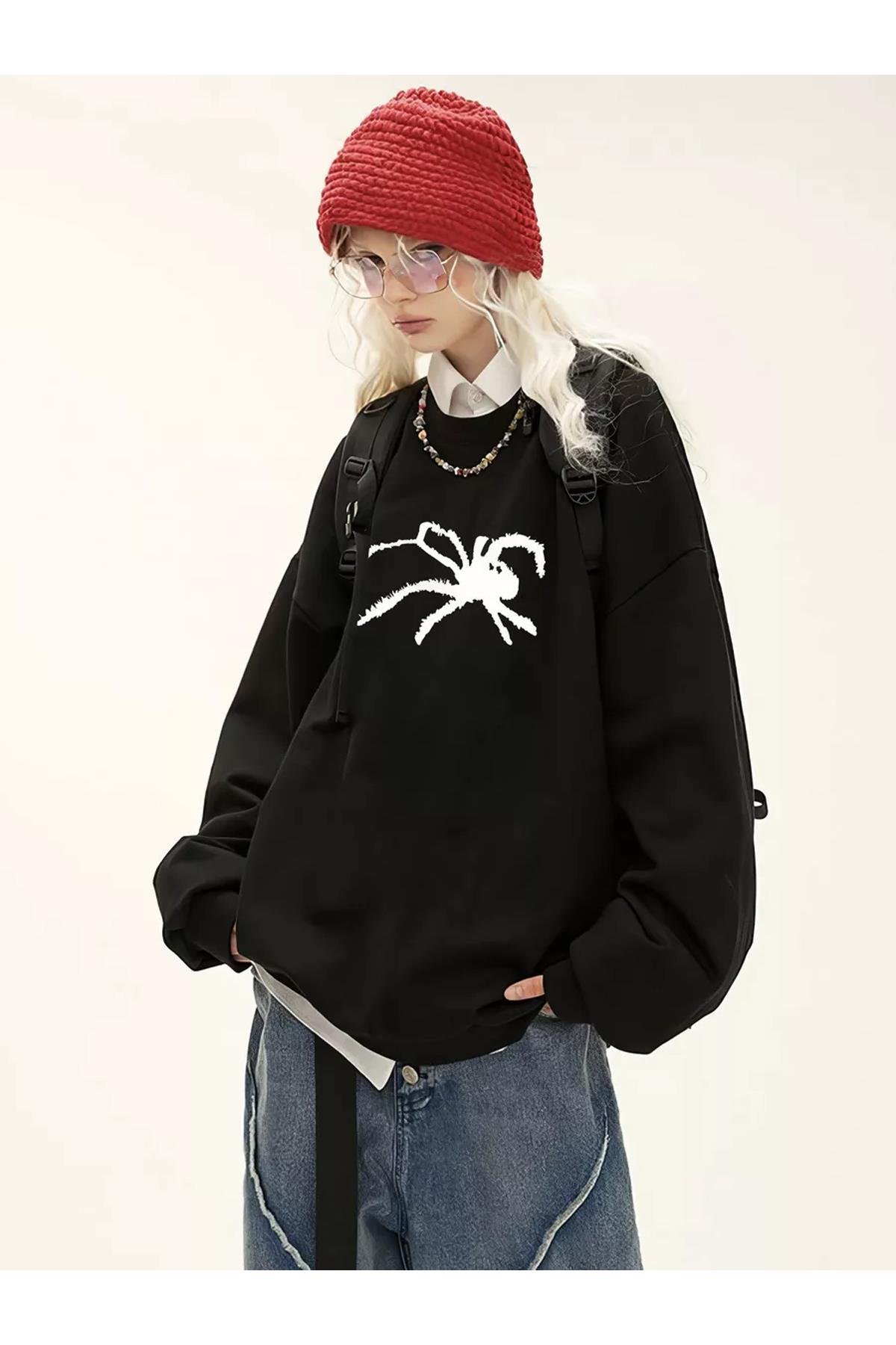 Unisex Spider Bisiklet Yaka Sweatshirt Siyah