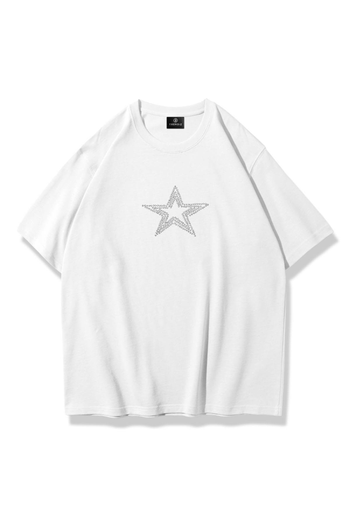 Unisex Star Stroke Taş Baskılı Tshirt Beyaz