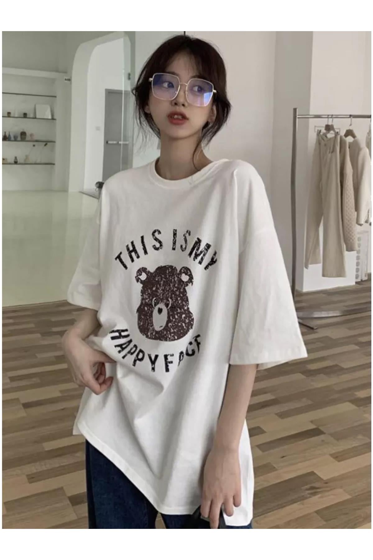 Unisex This is My Happy Face Tshirt Beyaz