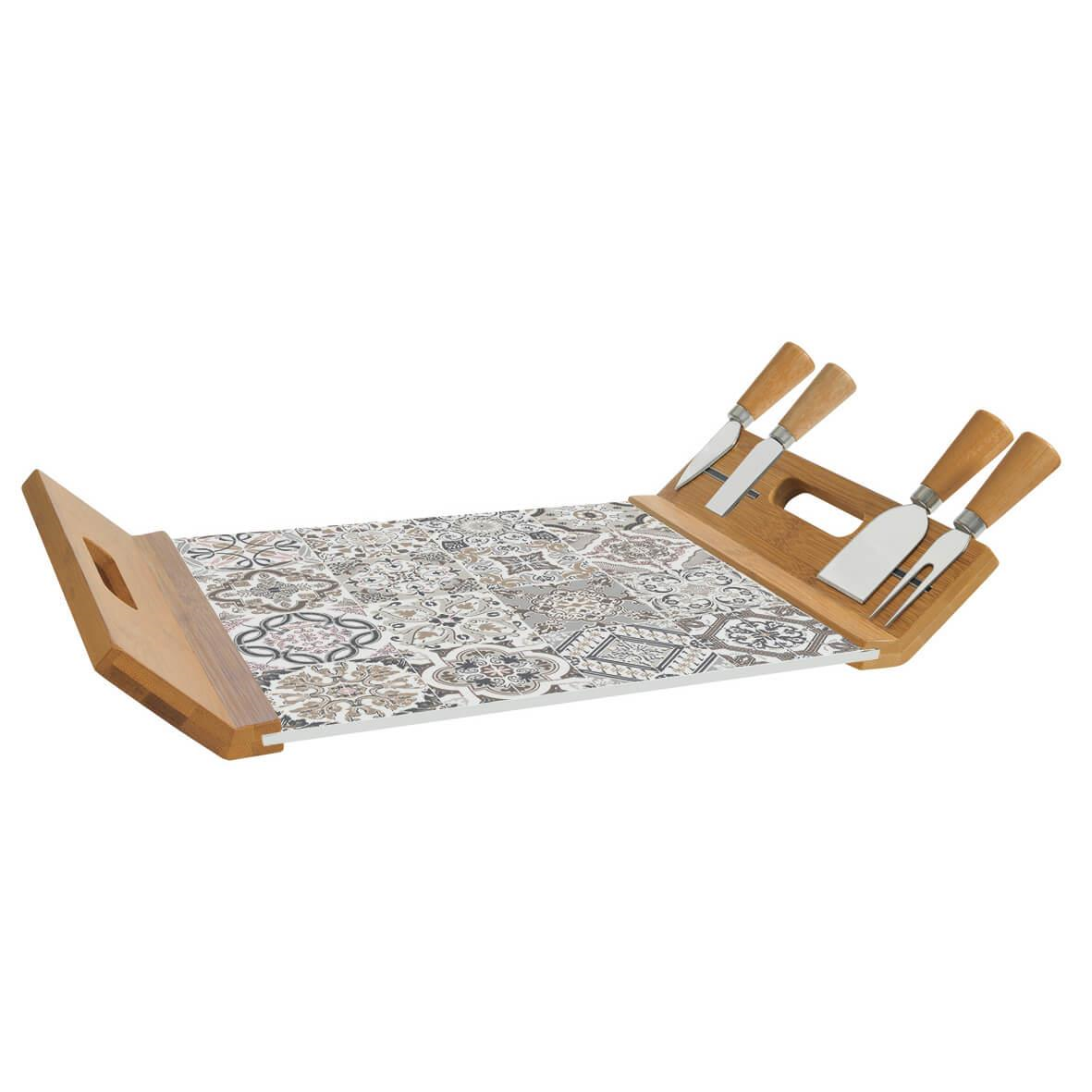 Easy Life Casa Decor Peynir Servis Tepsisi 44x28 Bambu/Cam Panolu ve 4 Bıçaklı Gri