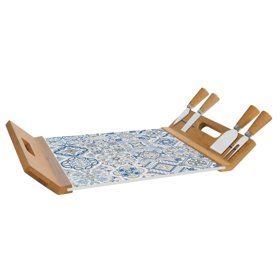 Easy Life Casa Decor Peynir Servis Tepsisi 44x28 Bambu/Cam Panolu ve 4 Bıçaklı Mavi