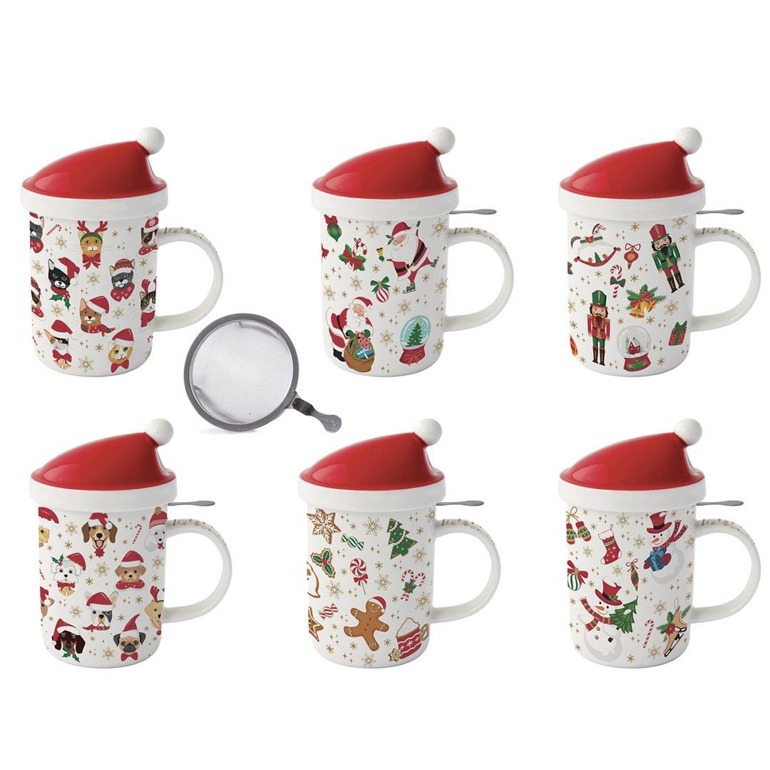 Easy Life Christmas Friends Porselen Kupa, Kapaklı ve Metal Demlikli 370 ml 6 Farklı Tasarım