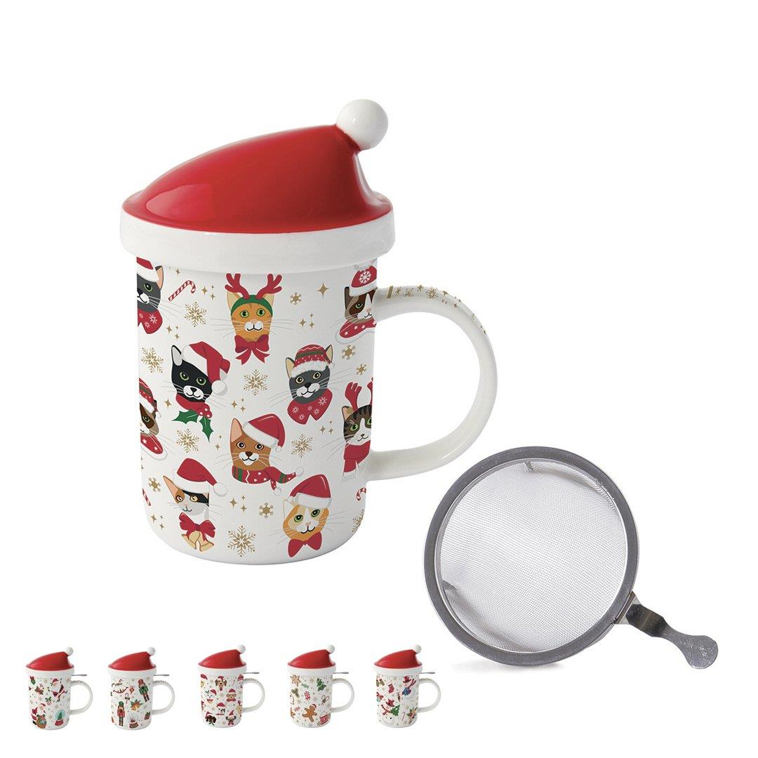 Easy Life Christmas Friends Porselen Kupa, Kapaklı ve Metal Demlikli 370 ml 6 Farklı Tasarım