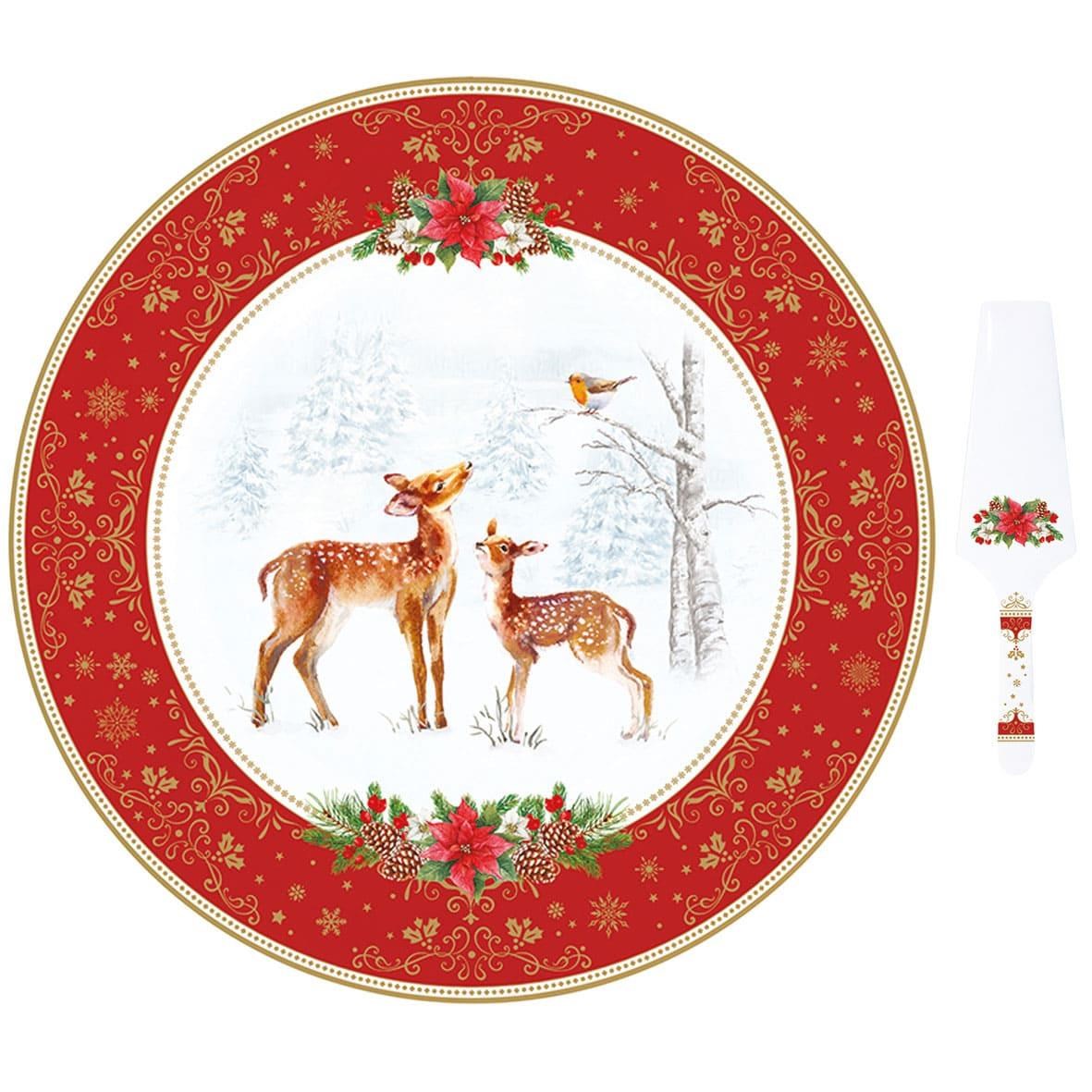 Easy Life Christmas Melody Porselen Kek Servis Tabağı Ø 32 cm Dilimleyicili