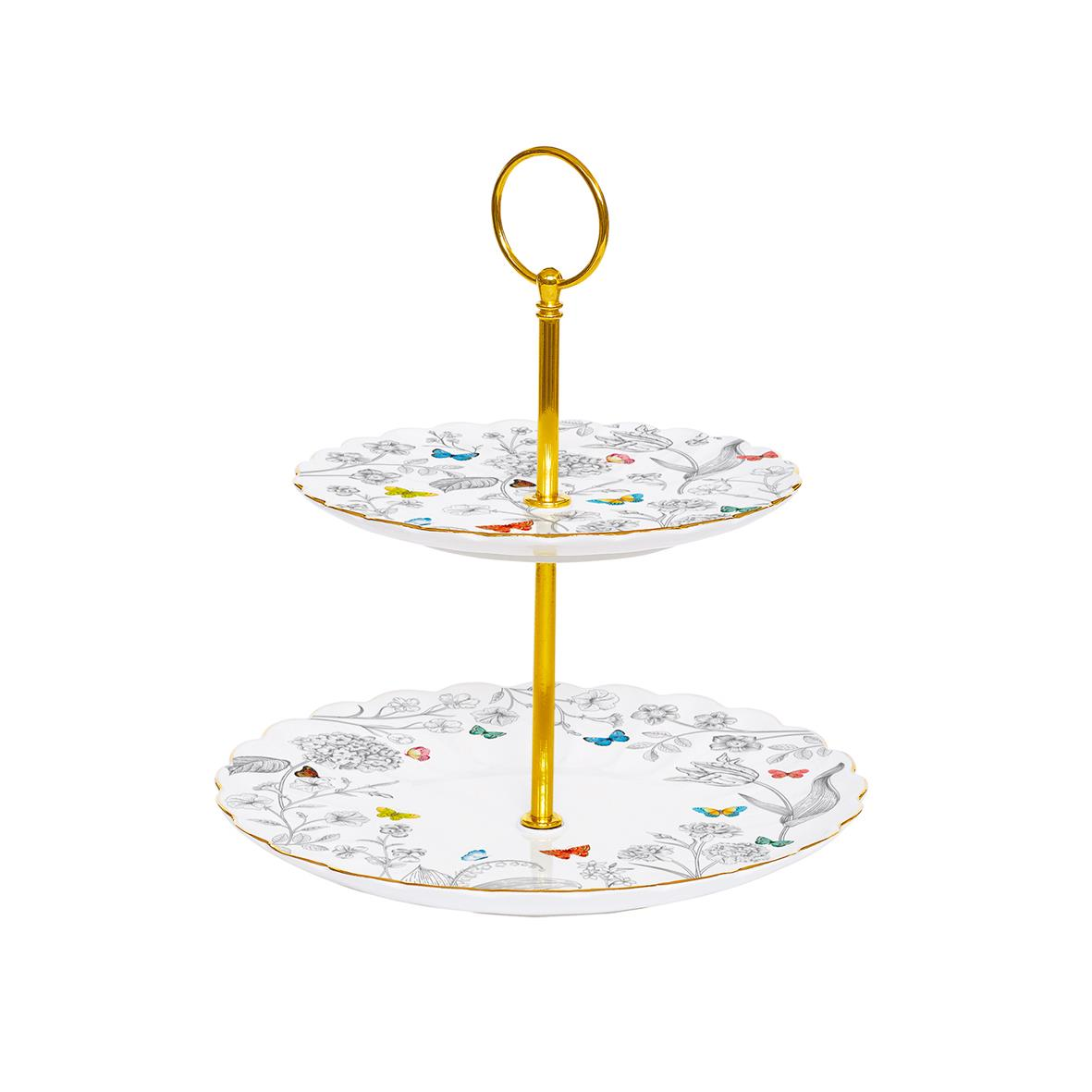 Easy Life Fleurs & Papillons Porselen 2 Katlı Pasta Tabağı Ø 16cm / Ø 21cm