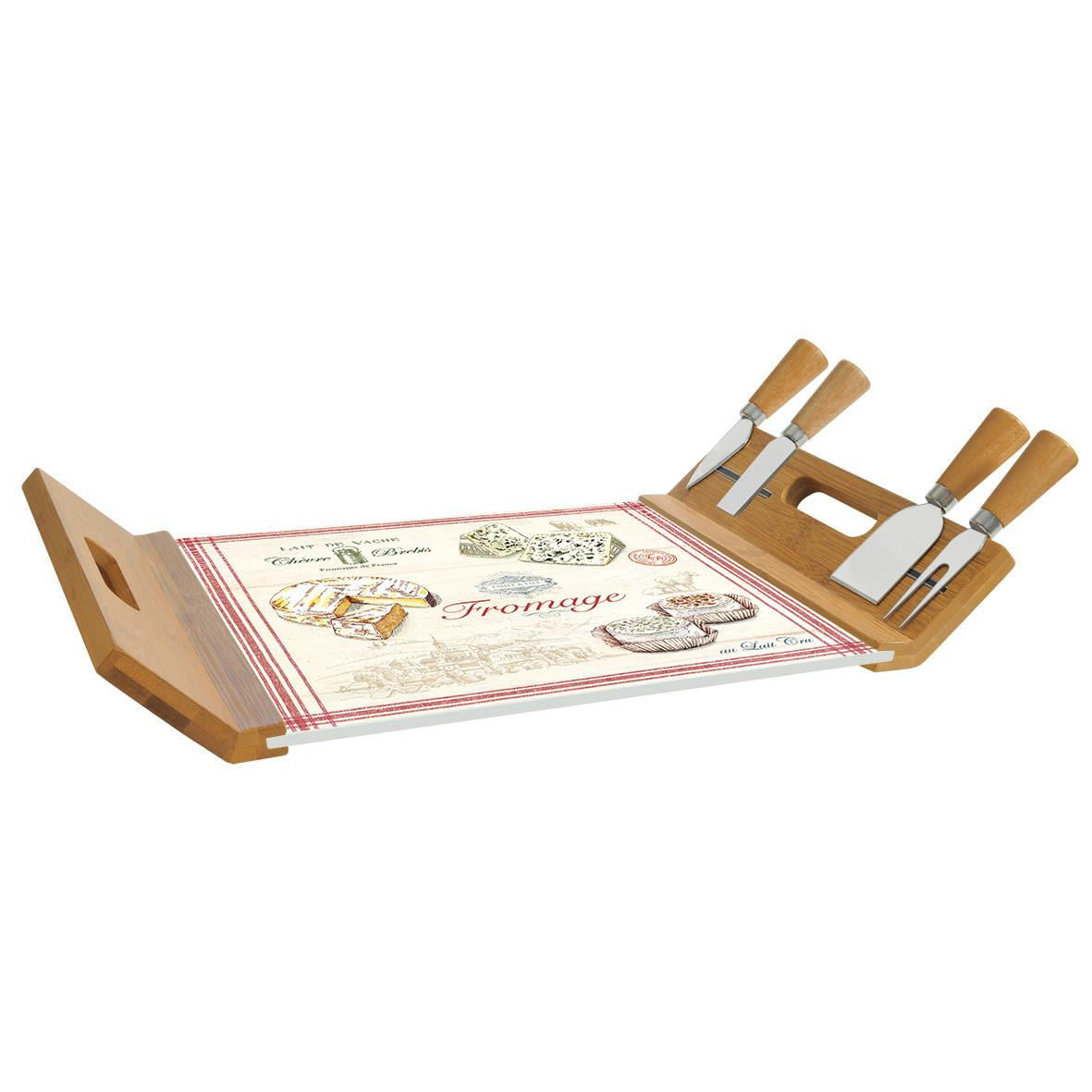 Easy Life Fromage Peynir Servis Tepsisi 44x28 Bambu/Cam Panolu ve 4 Bıçaklı