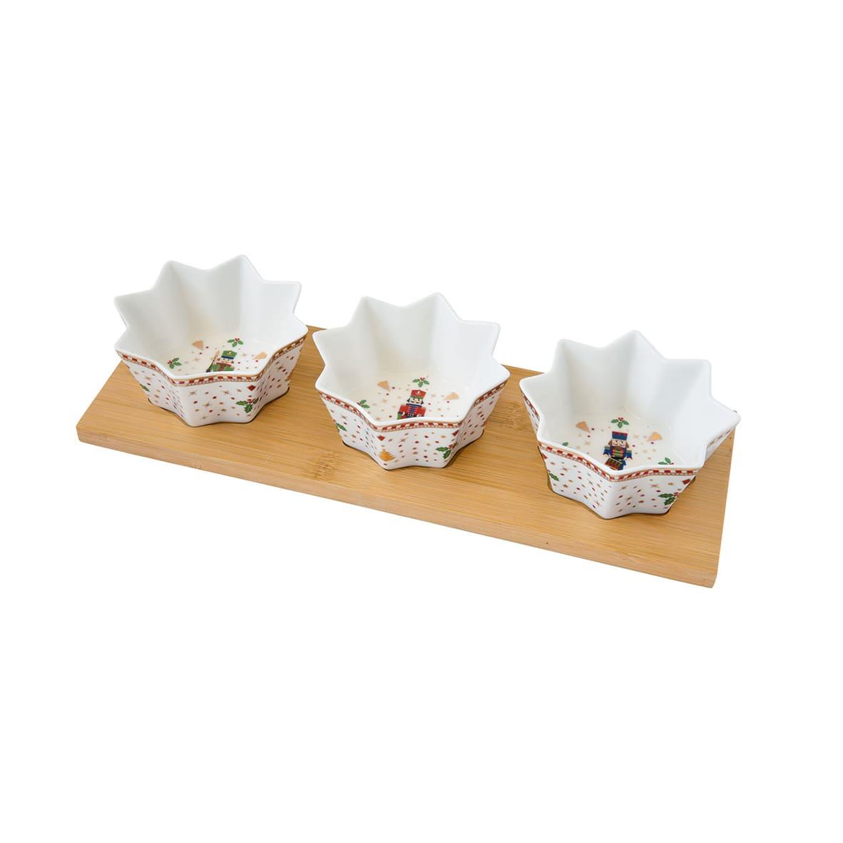 Easy Life Nutcracker Meze Seti Bambu Tepsili 34cm x 12cm 3 Porselen Kaseli
